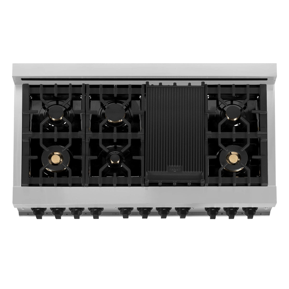 White cooktop with five gas burners and central griddle