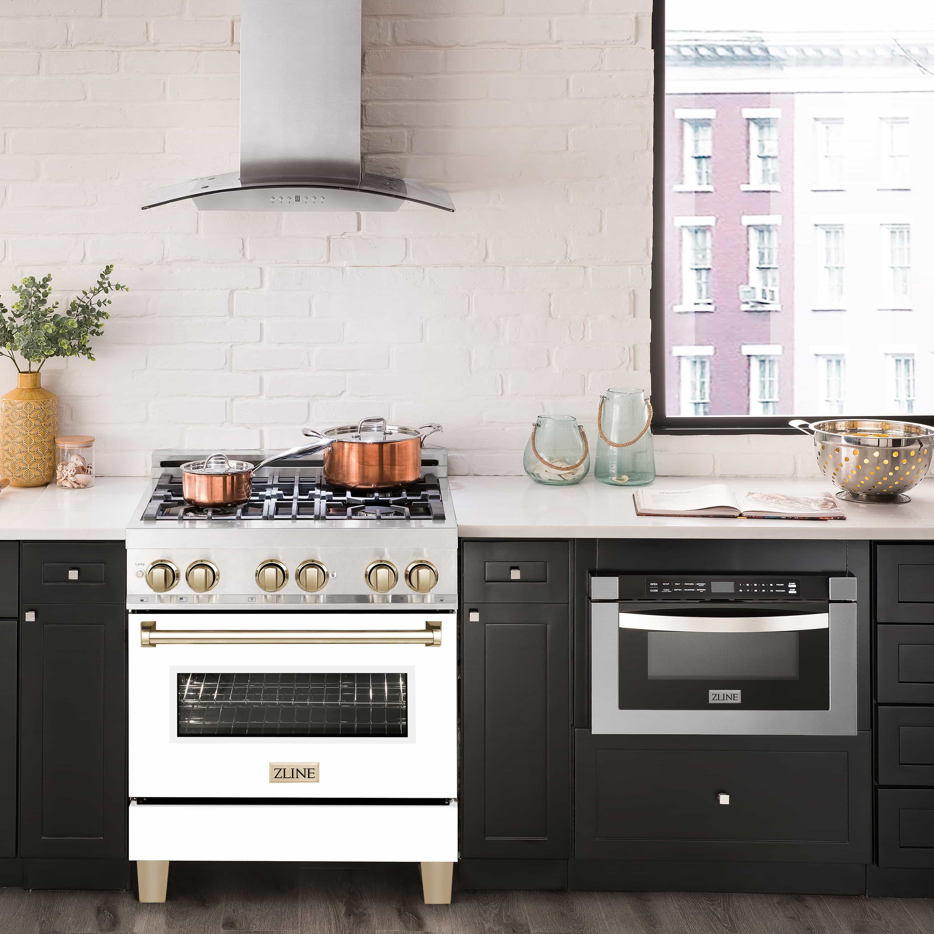 30-inch dual fuel range with satin stainless finish, white oven door, gold accents, gas burners