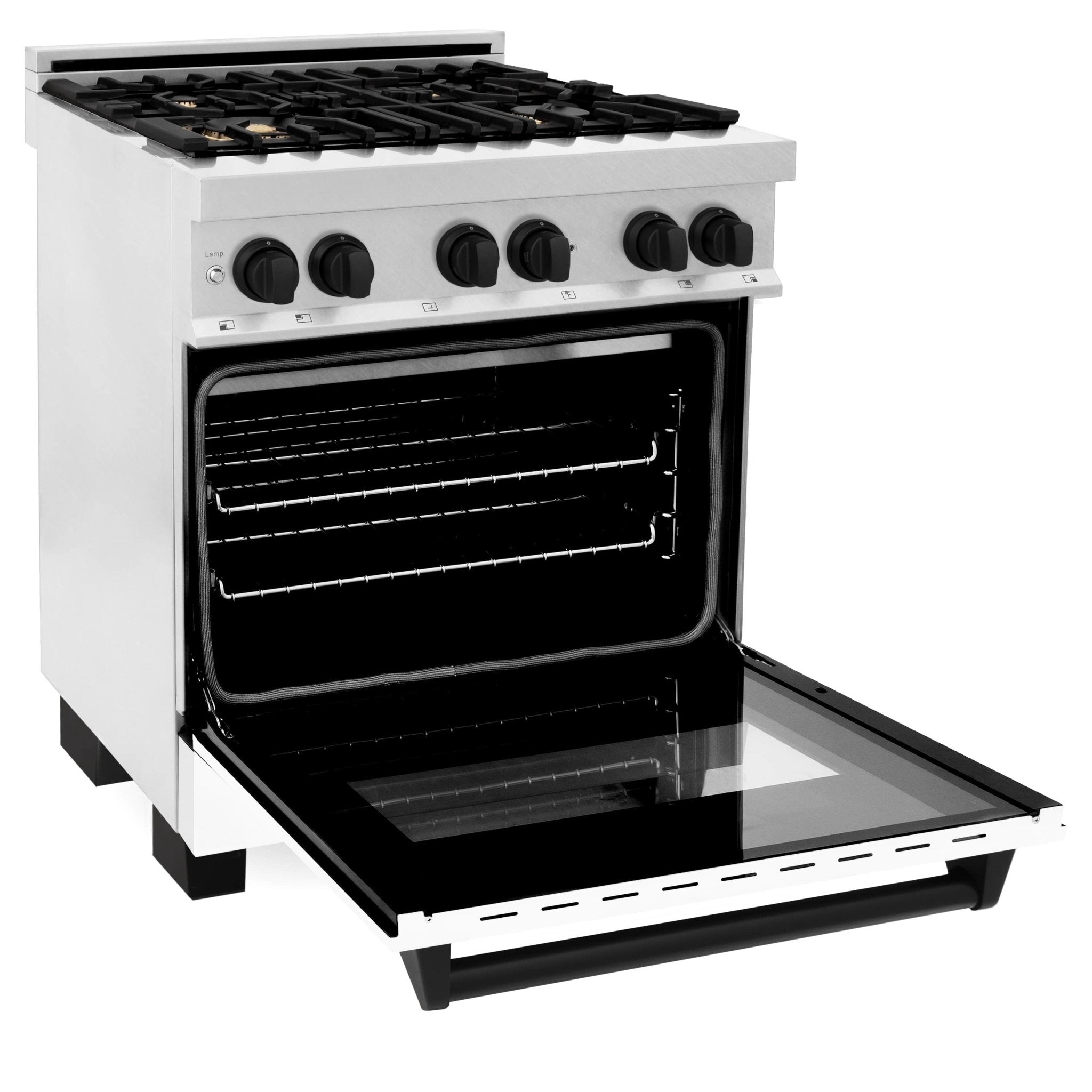 Dual fuel range with open electric oven door and black interior racks; stainless finish