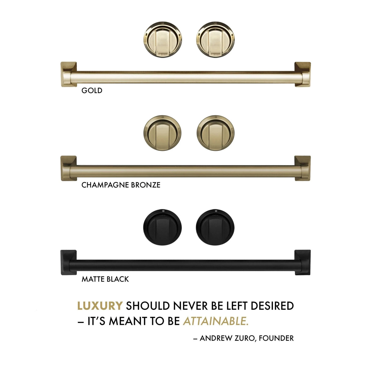 Gold, champagne bronze, and matte black handle bar color options