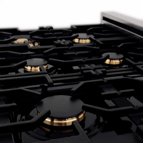 Close-up of black dual fuel burners with gold accents on the cooktop grates