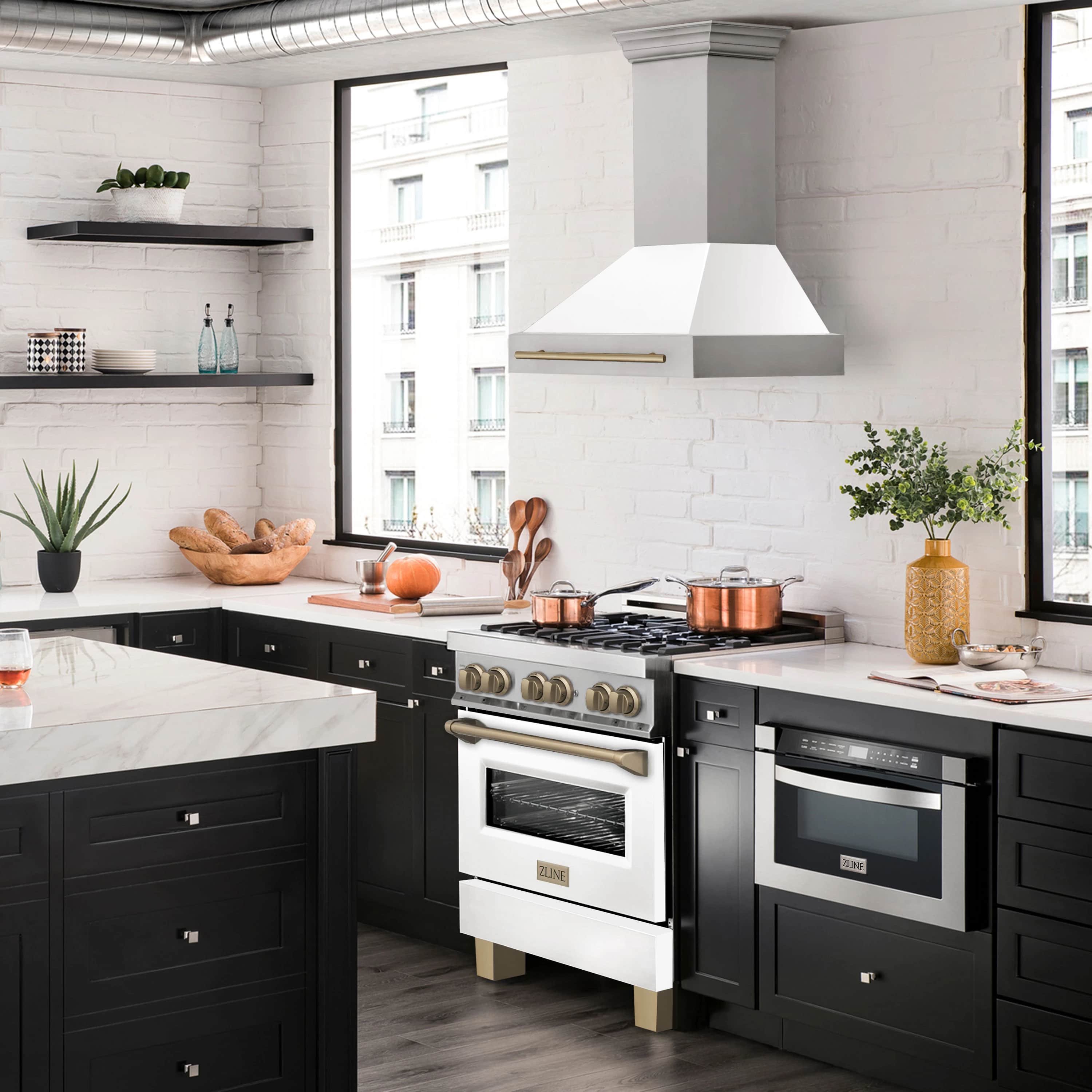 Dual fuel range in a kitchen with white oven door and bronze-accented knobs