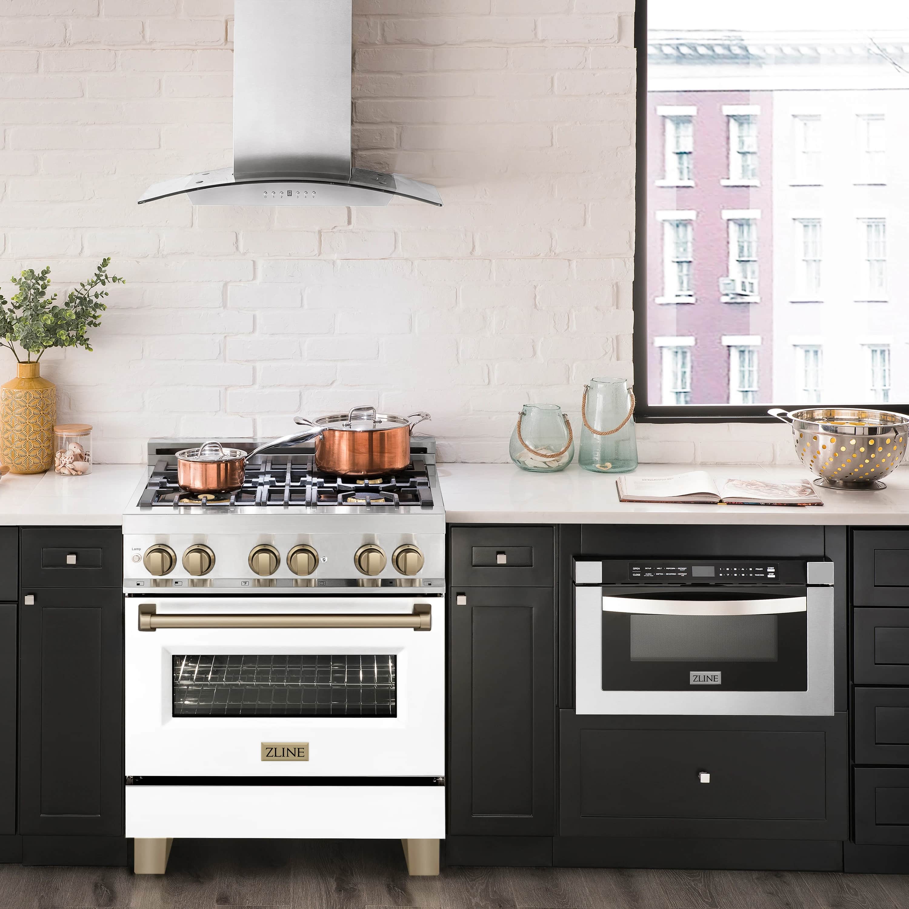 30-inch dual fuel range with white matte door, stainless sides, and bronze controls