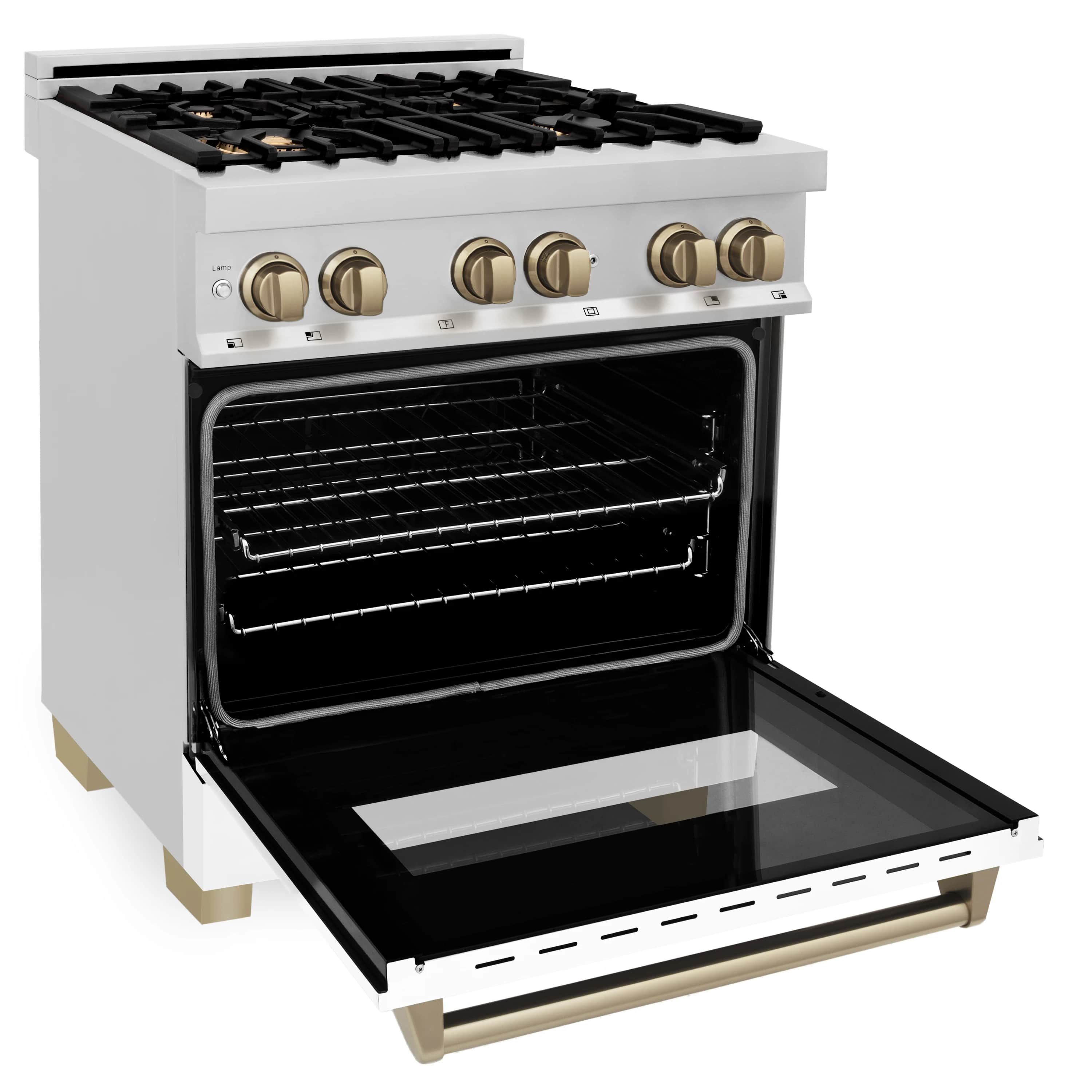 Dual fuel range with open oven door showing dark interior racks and bronzed knobs
