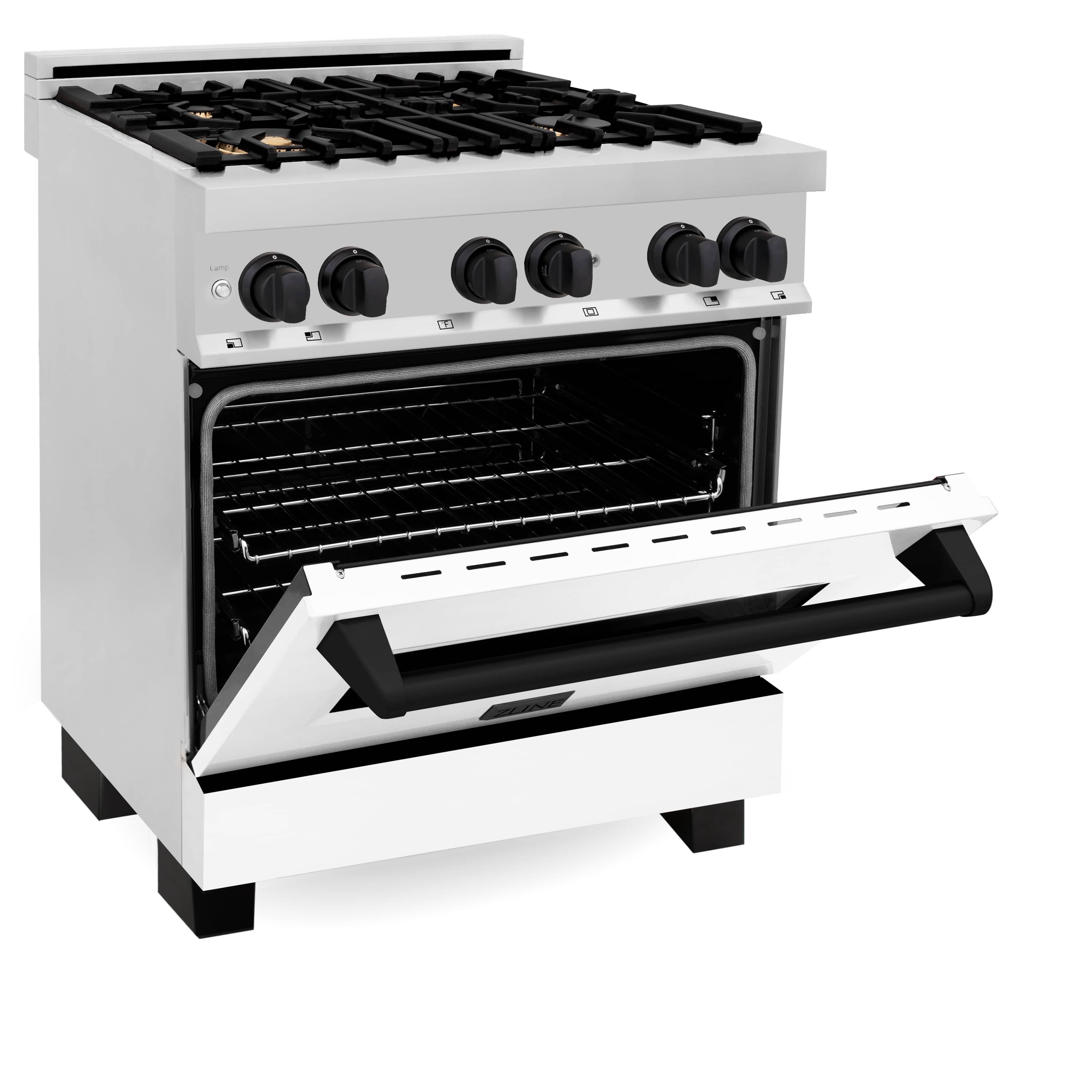 White dual fuel range with black cooktop grates and open oven door, front view