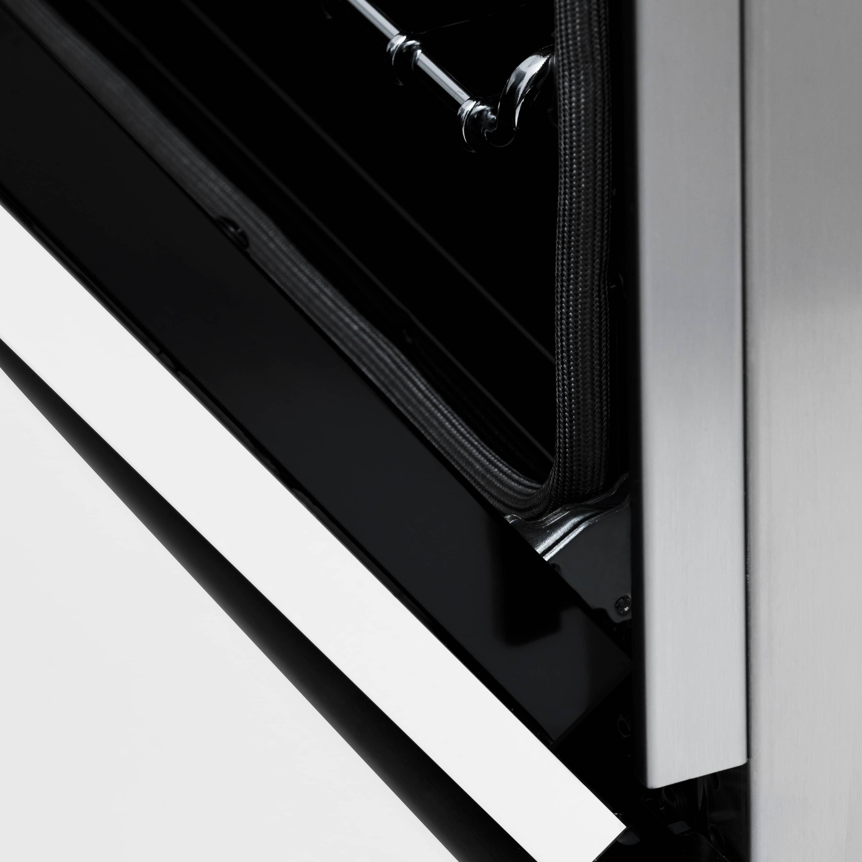 Stainless steel range side panel with black trim and diagonal white stripe detail