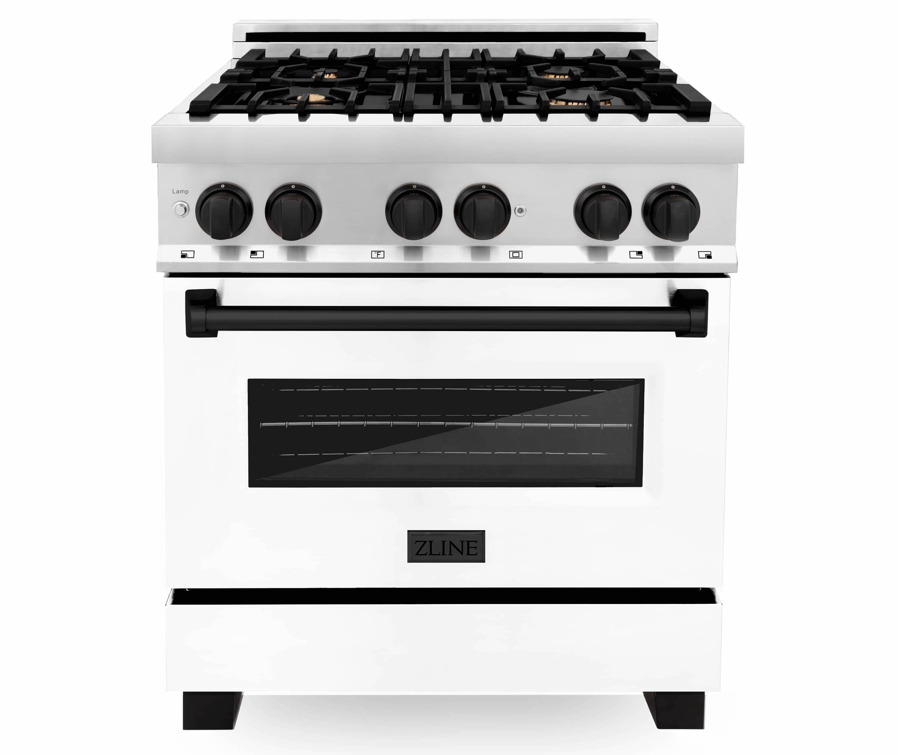 White matte dual-fuel range front with black burners and large glass oven window