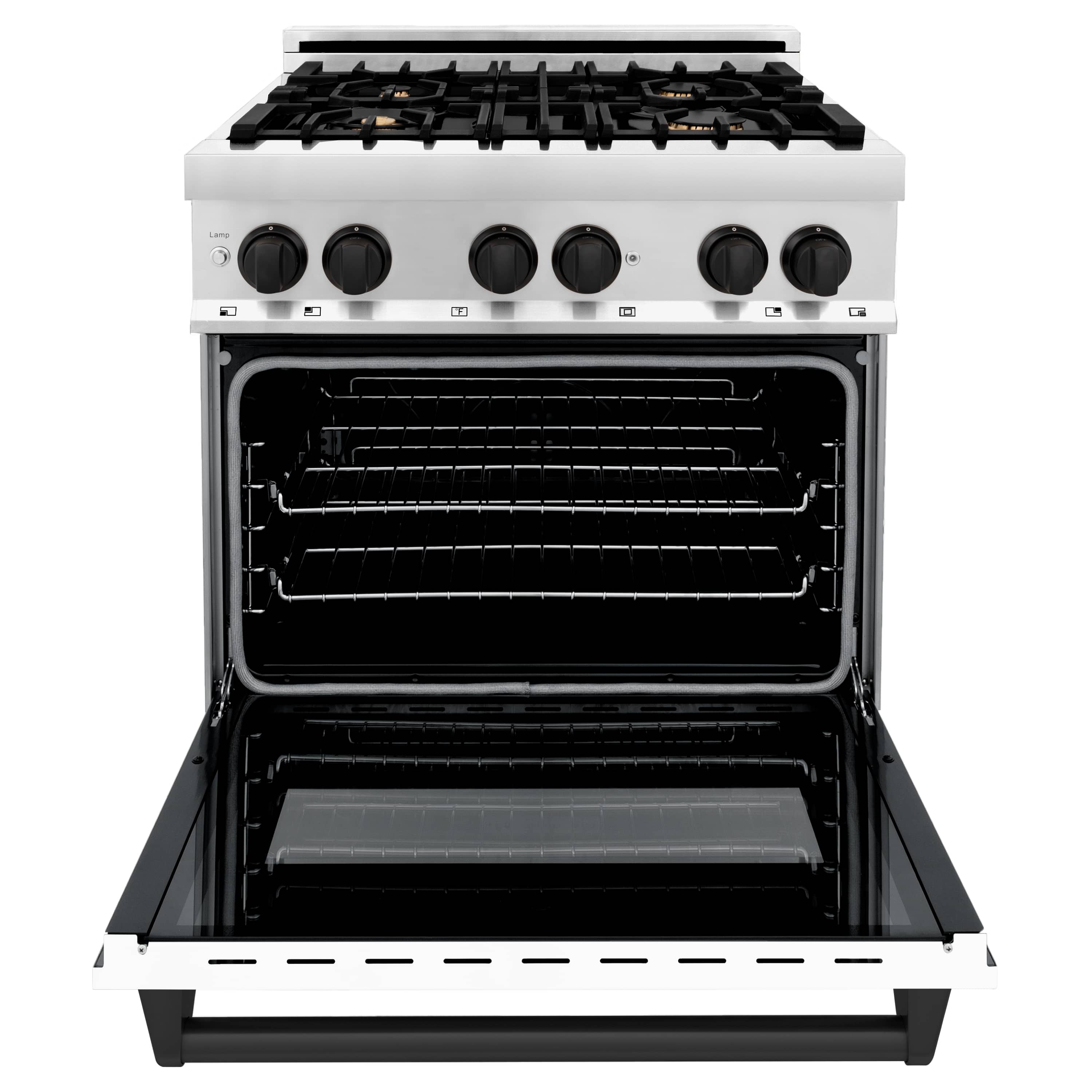 White dual fuel range with black grates and oven door open, front view