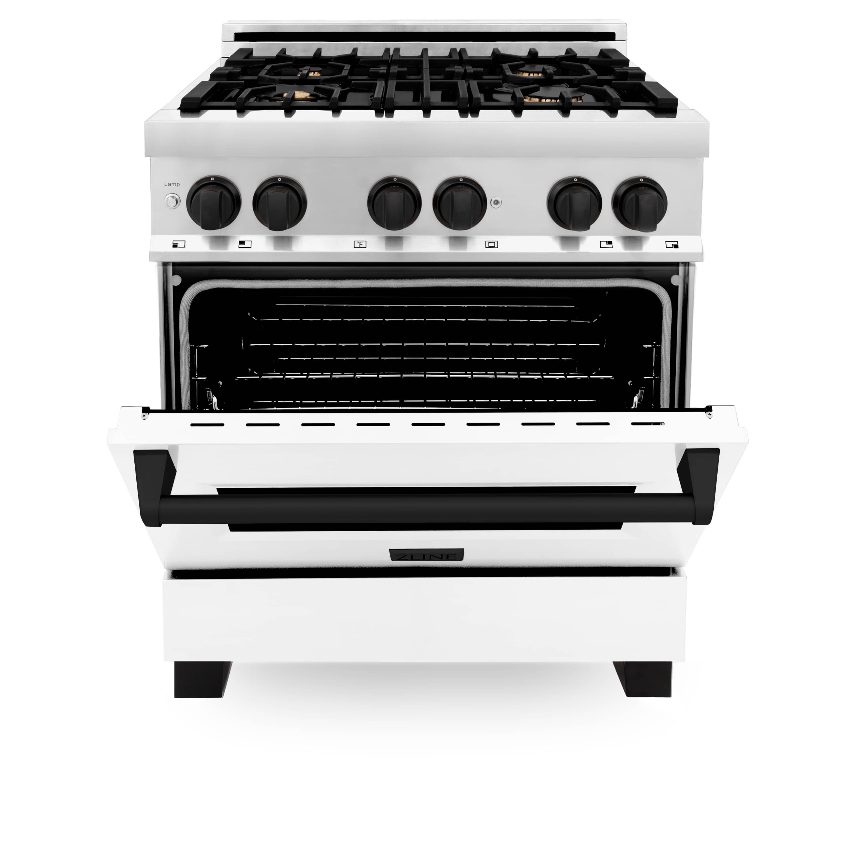 Dual-fuel range with open oven door and black burner grates on cooktop