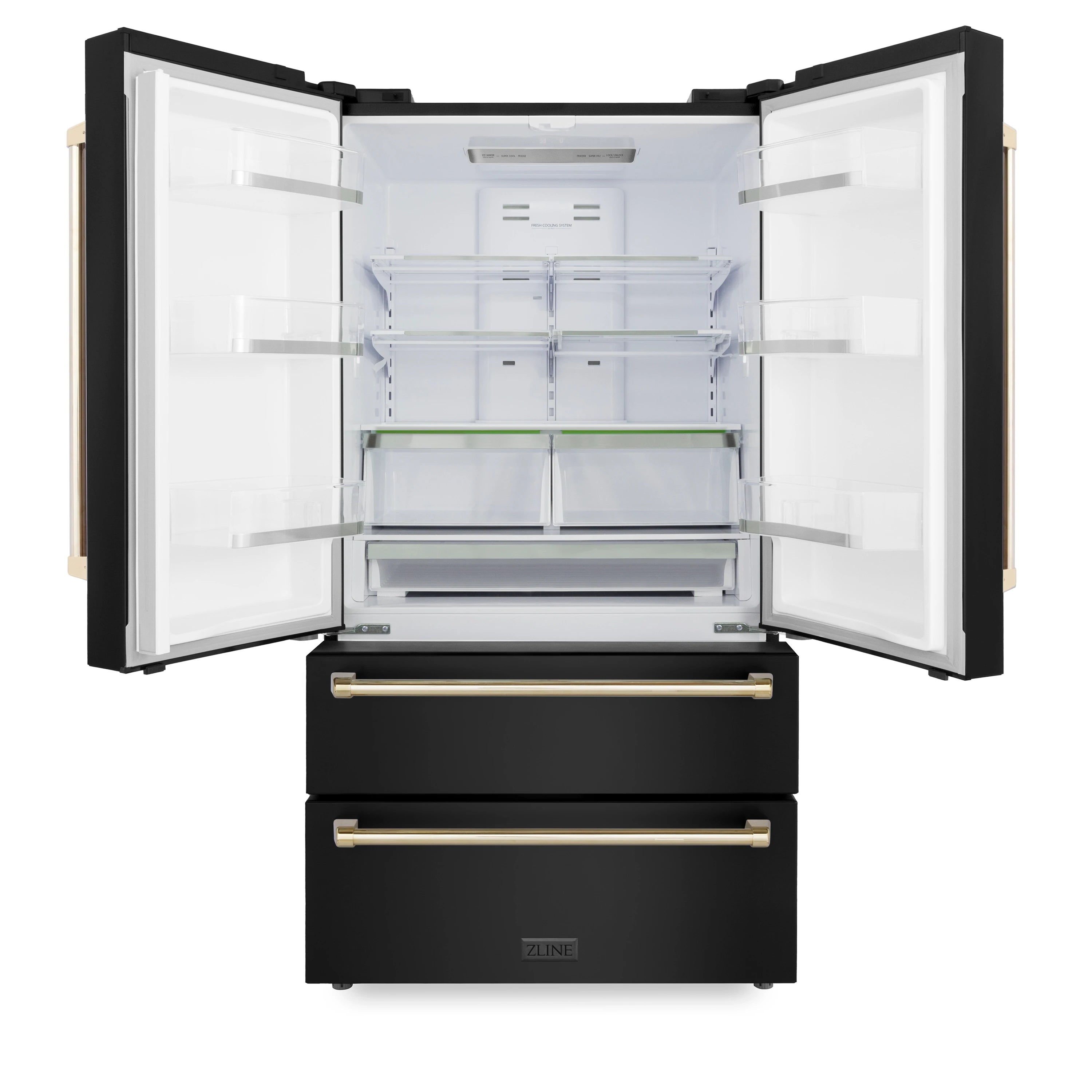 Black refrigerator with both doors open, gold handles, interior shelves