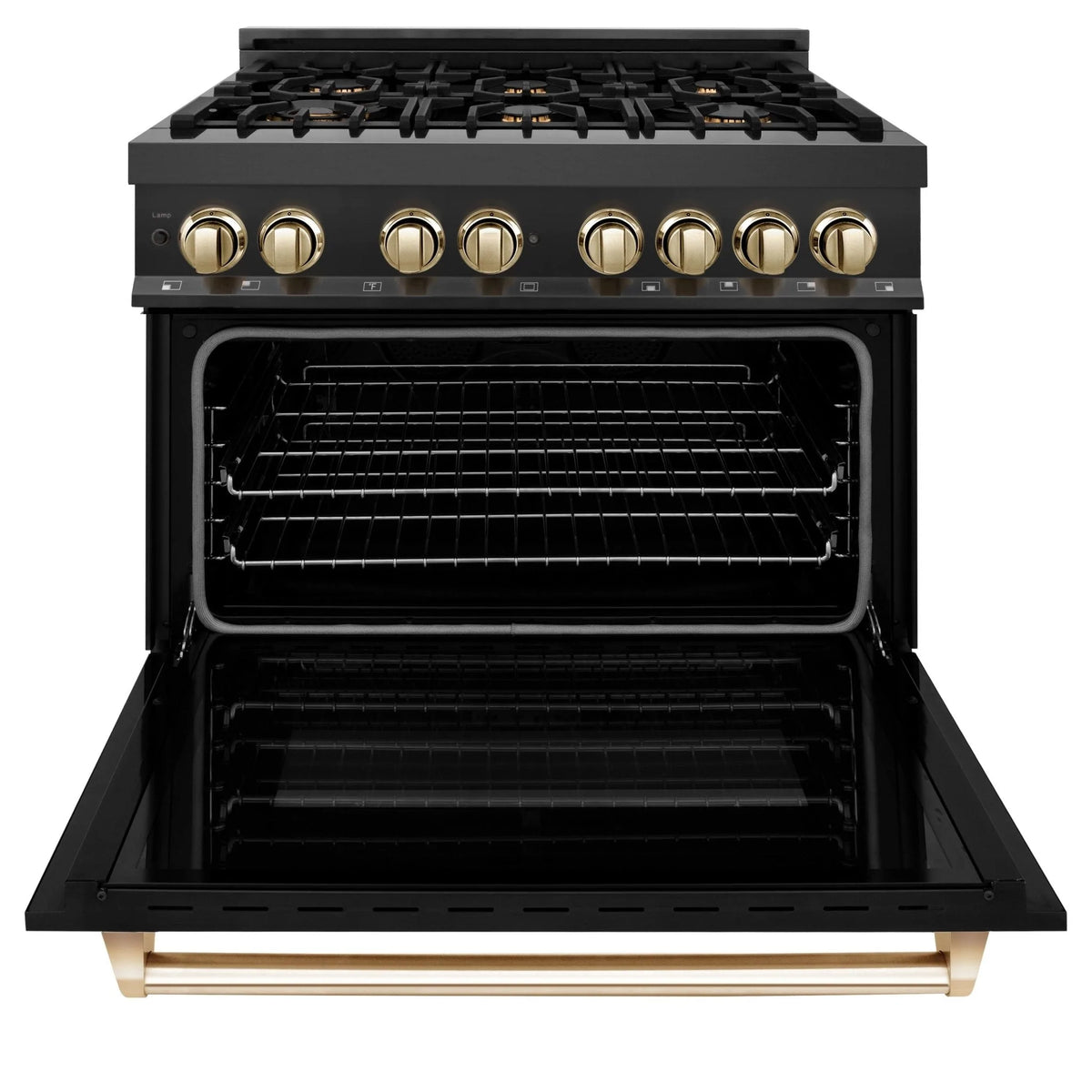 Black dual fuel range with open oven door, gold control knobs and trim