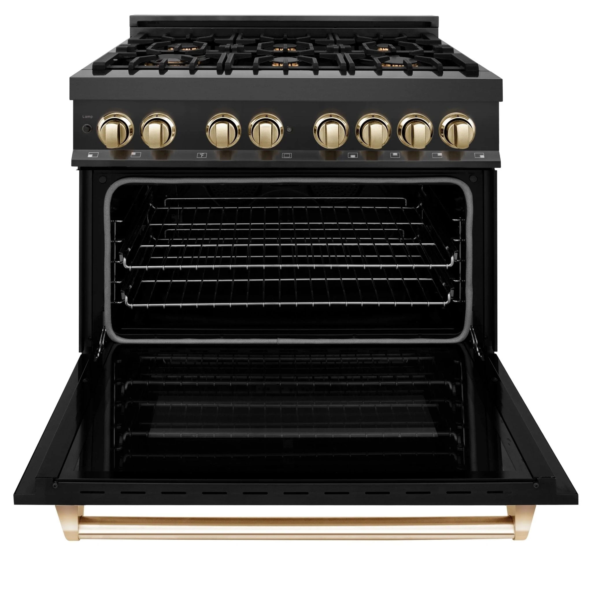 Black dual fuel range with open oven door, brass knobs and cooktop burners
