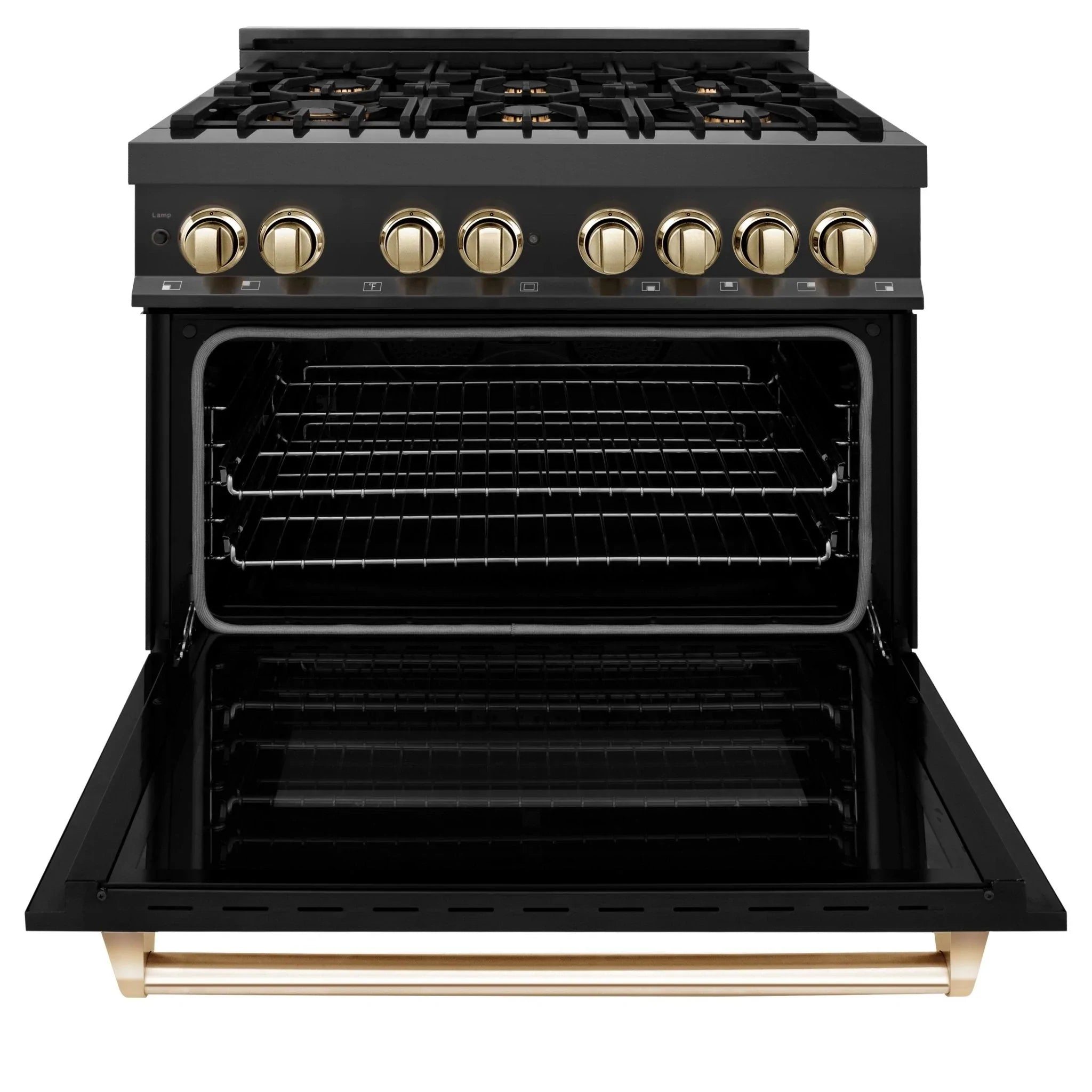 Black dual fuel range with open oven door and baking racks visible