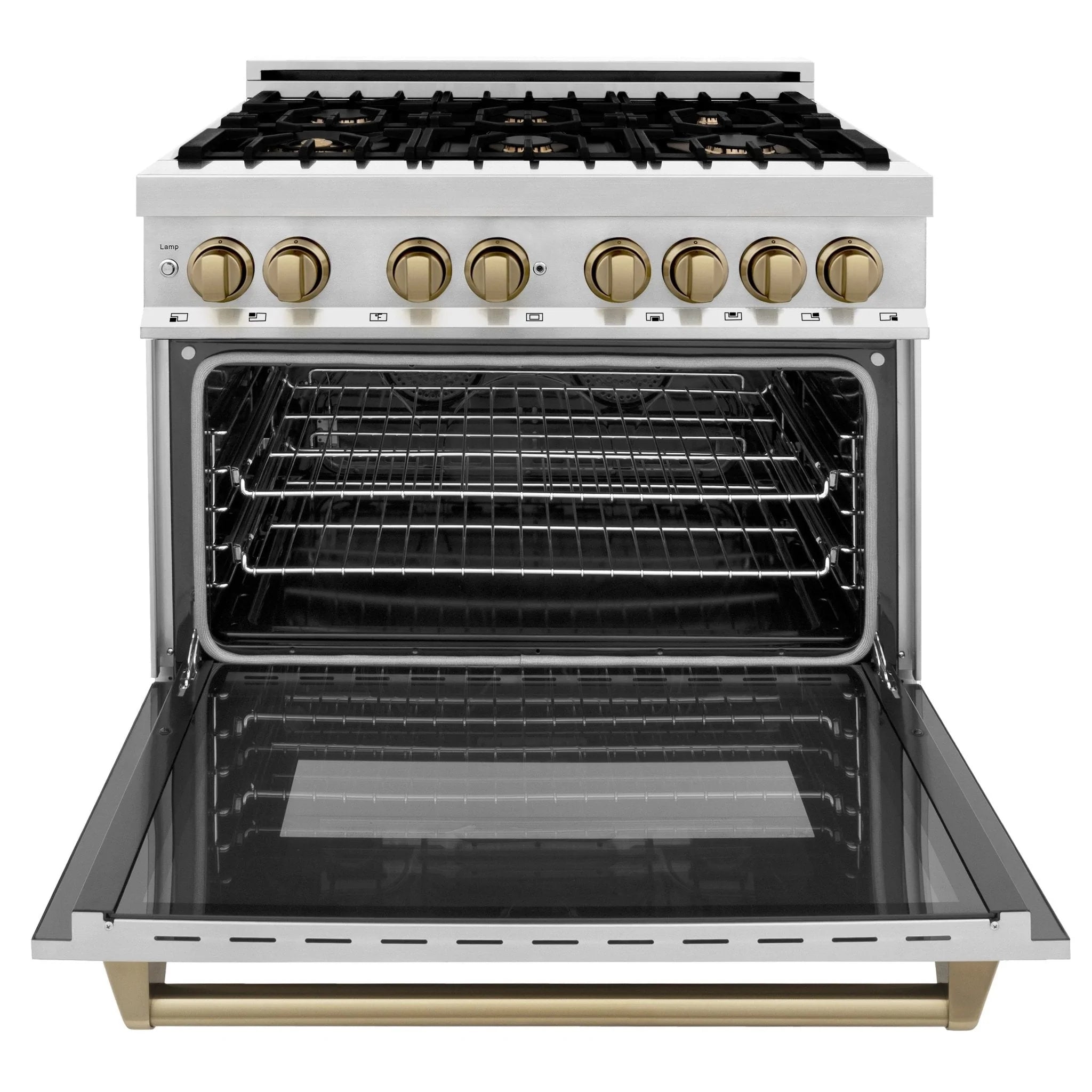Dual fuel range with oven cavity open, wire racks inside and bronze trim