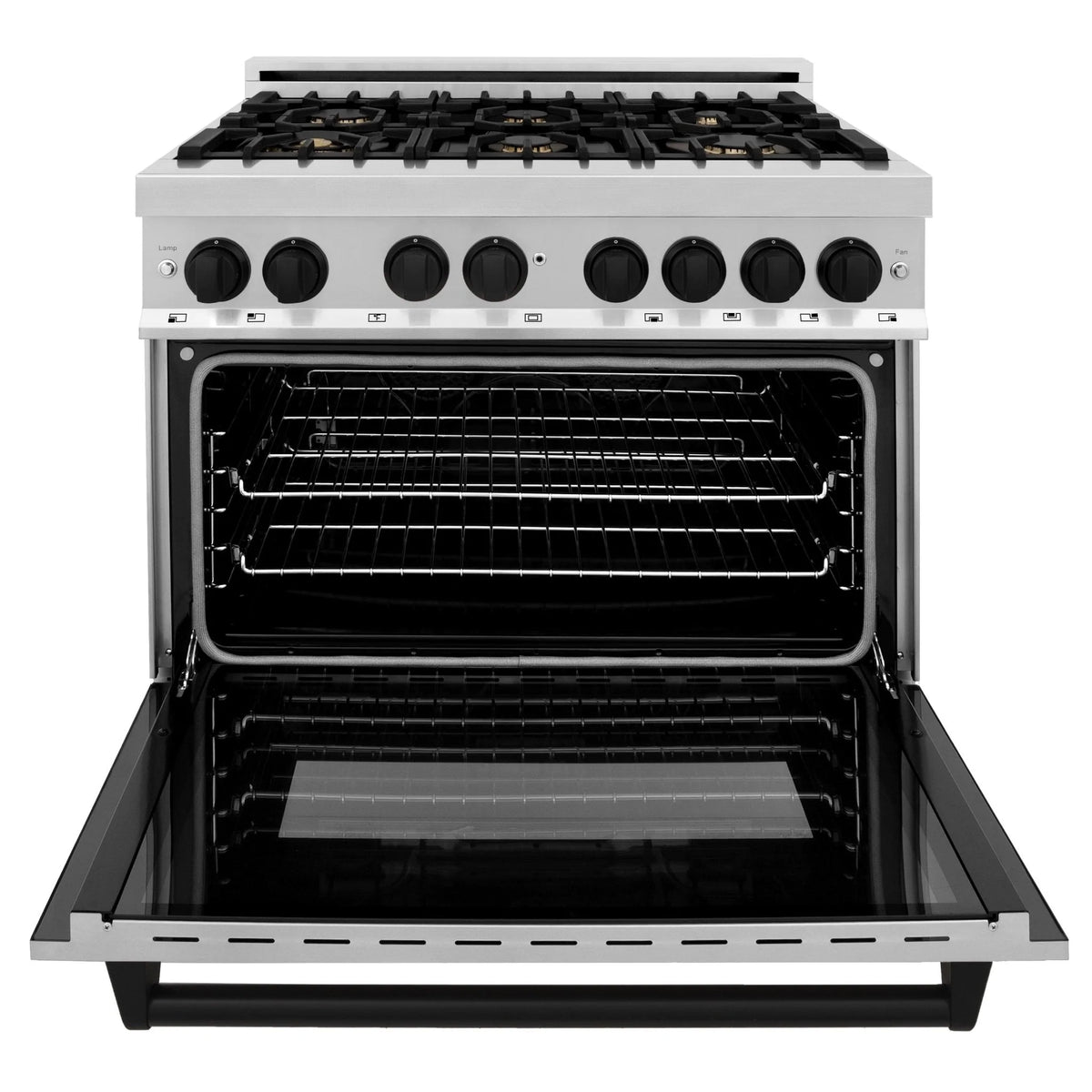 Gas range with open oven showing wire racks inside
