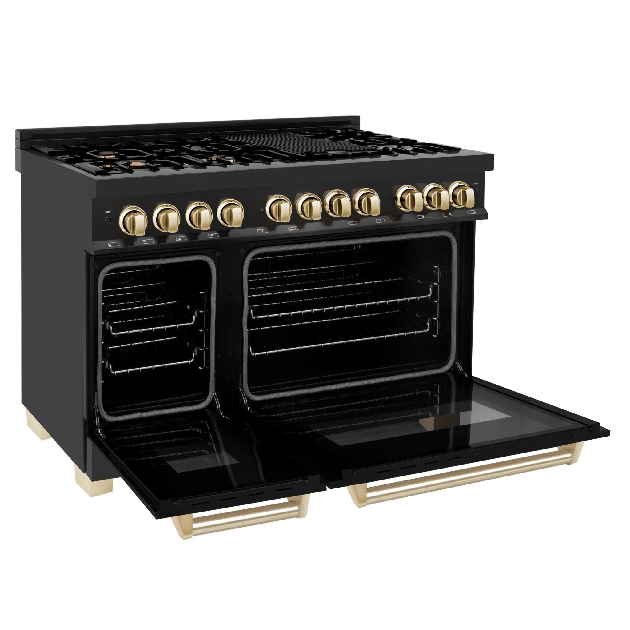 Open-door black dual-fuel range with two ovens and gold control knobs.