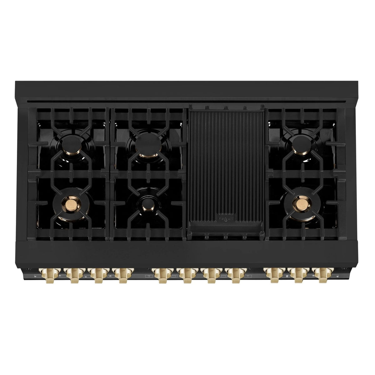 Dual fuel range cooktop with five burners and center grille in black
