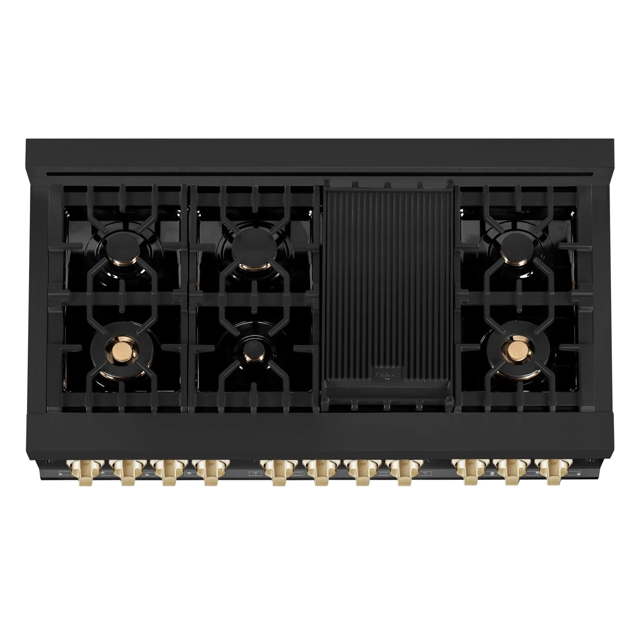 Black burner grates with gas ports and gold-colored connectors along the base.