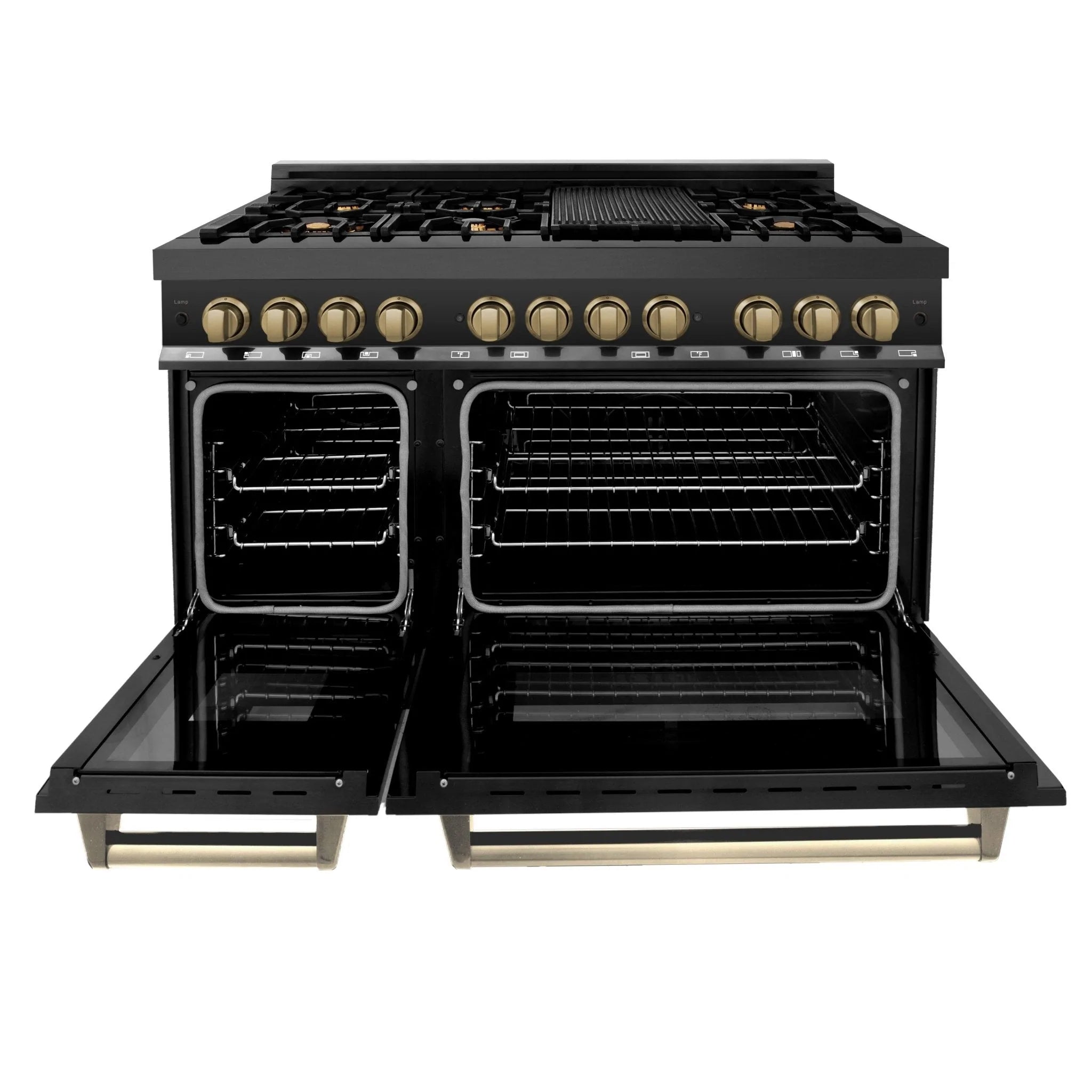 Black dual fuel range with open oven doors, grates, and champagne bronze control knobs