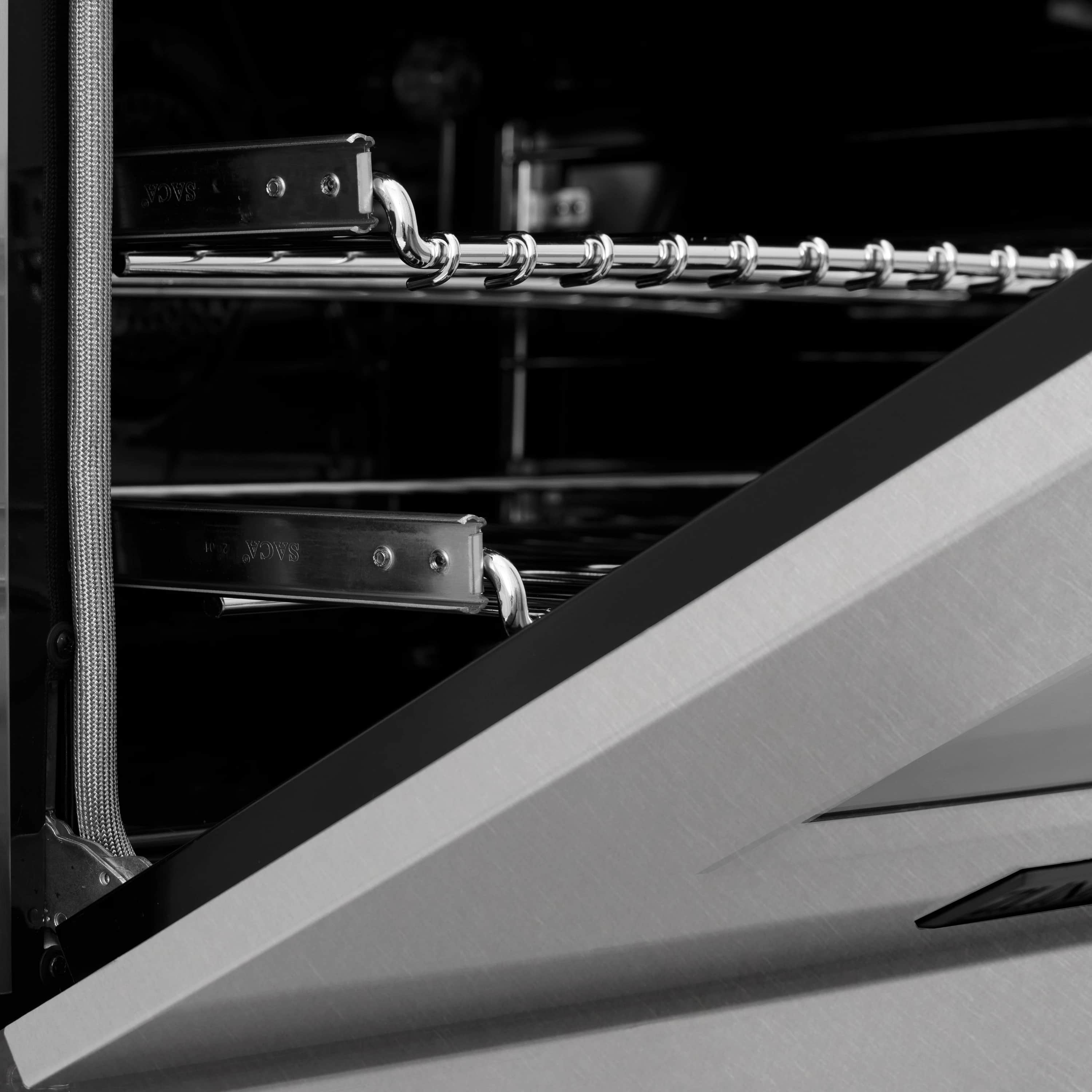 Electric oven interior with chrome racks and metal control rails