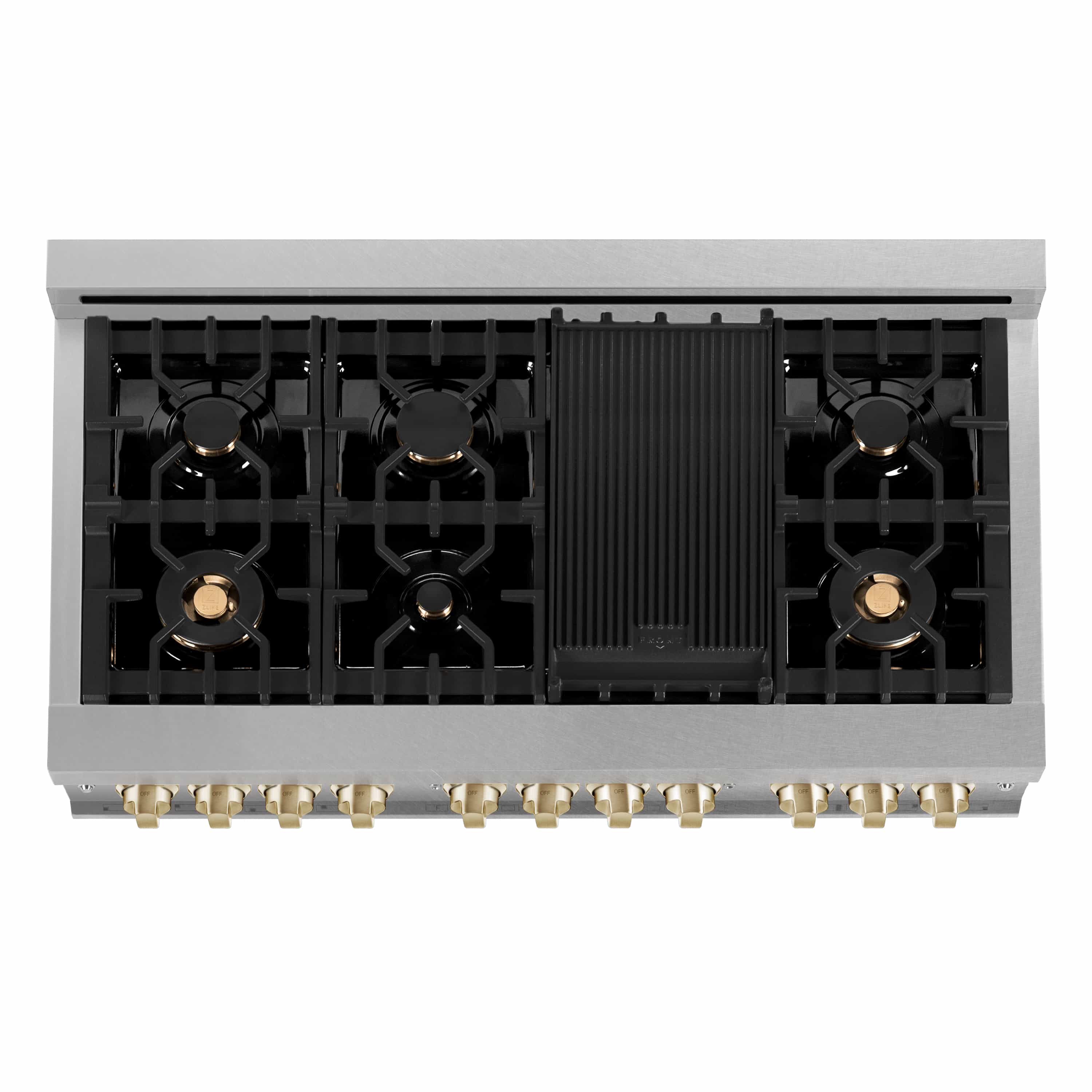 Cooktop interior with black grates, four burners, and central heat shield