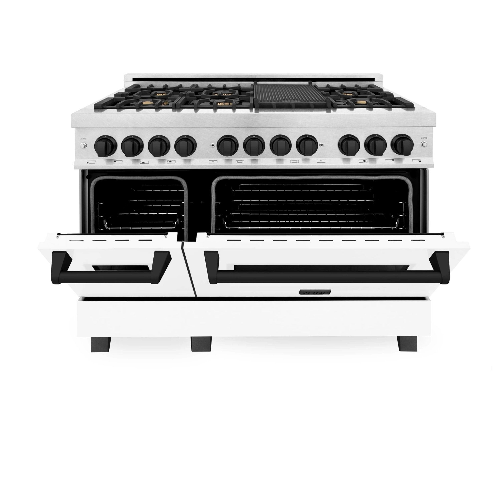 Dual fuel range front with black cooktop grates and two oven doors, white exterior