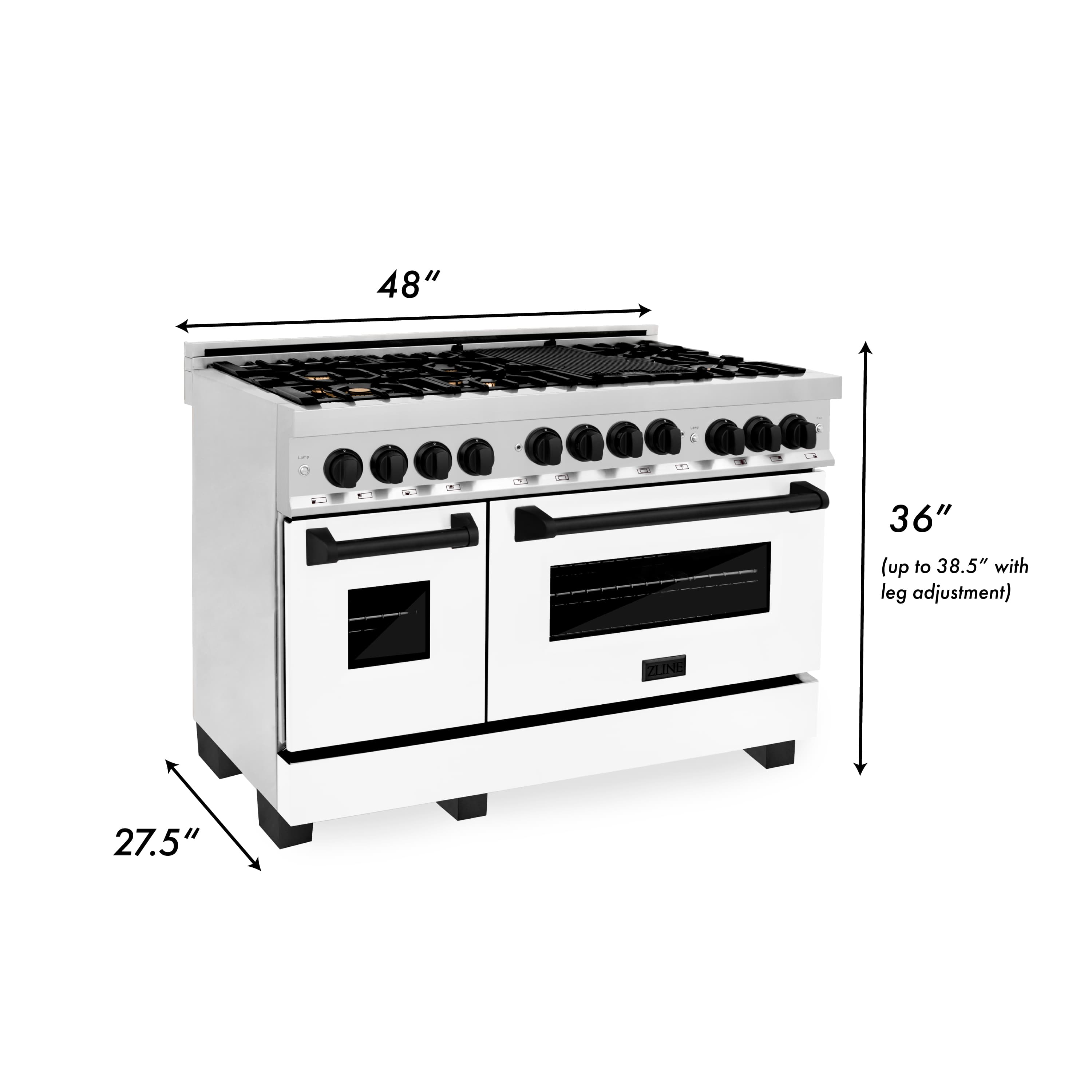 48-inch white gas range with front knobs and double oven doors