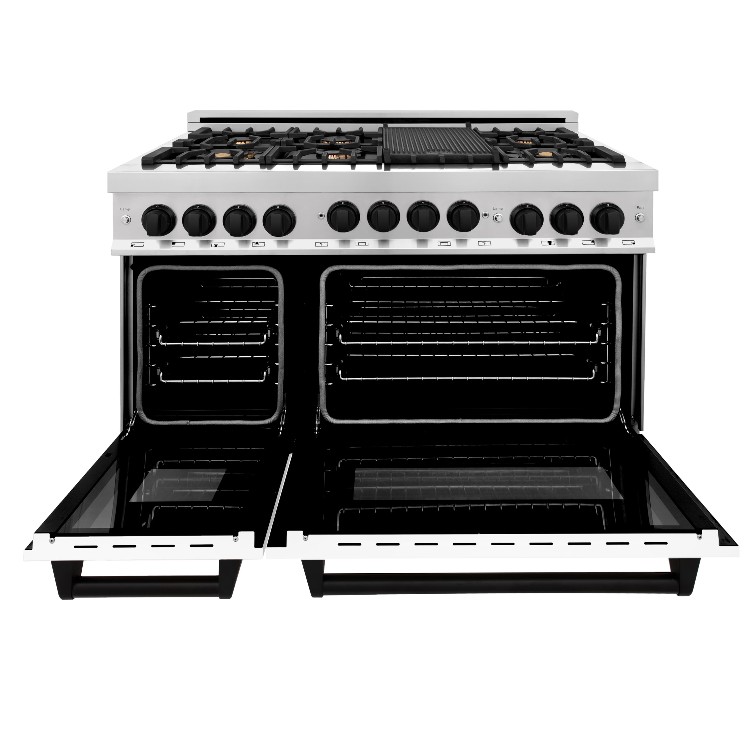 White gas range with black burner grates and two closed oven doors