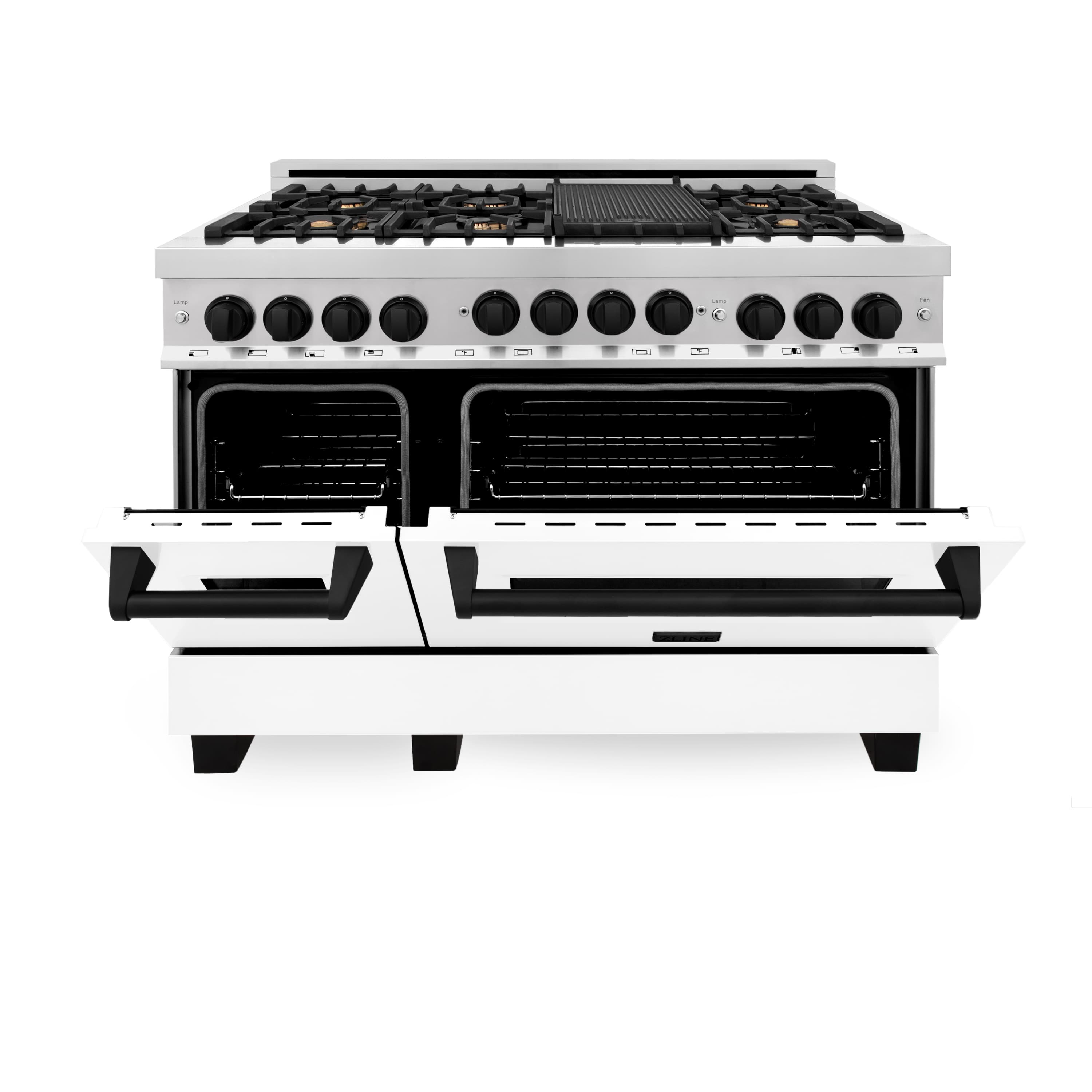 White gas range with both oven doors open, black oven interior visible