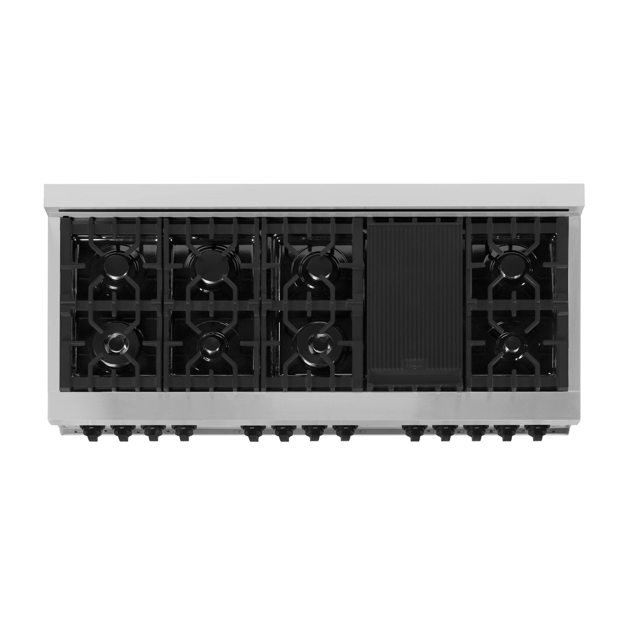 Stainless steel dual-fuel range with black cast-iron grates and centered control panel