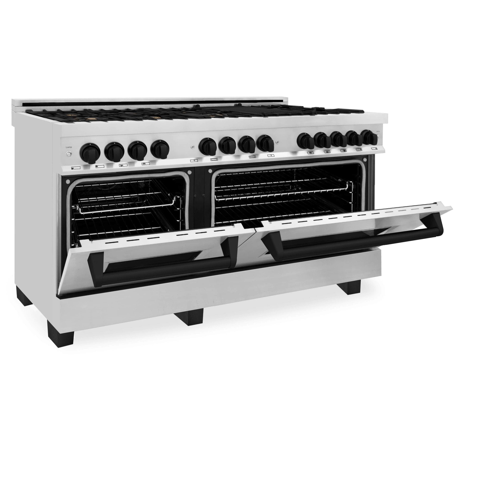 White-front dual-fuel range with open oven doors and black burner grates