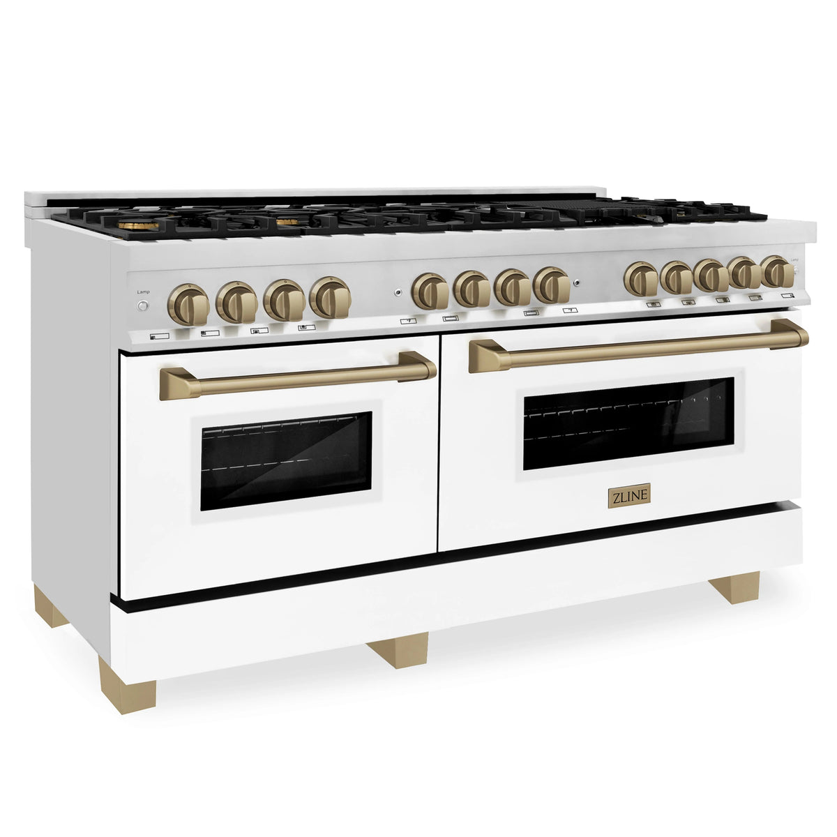 Dual fuel range with stainless body, white oven doors, bronze control knobs, and griddle burners