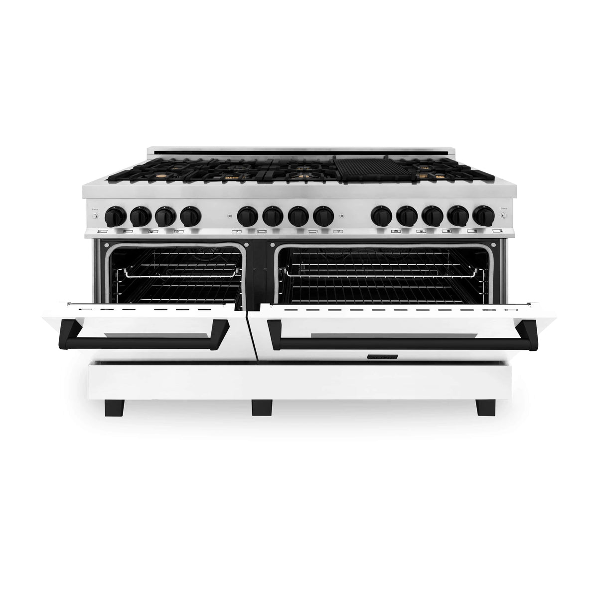 Dual fuel range with stainless control panel, black grates, and two open oven doors
