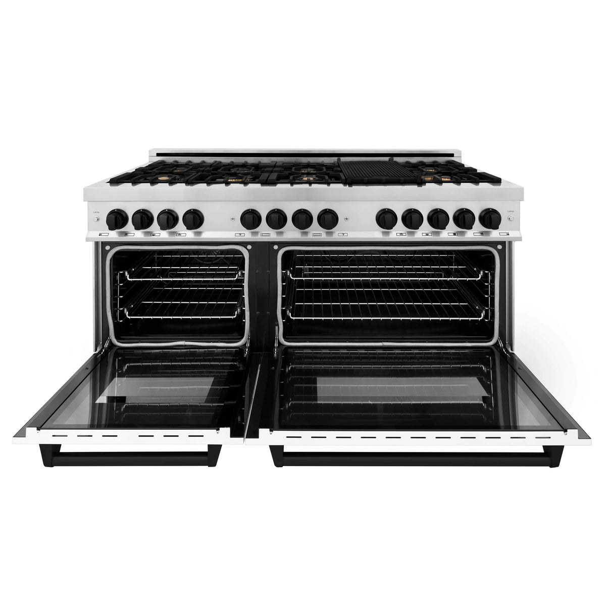 Dual fuel range viewed from front with open oven compartments and black broil grates