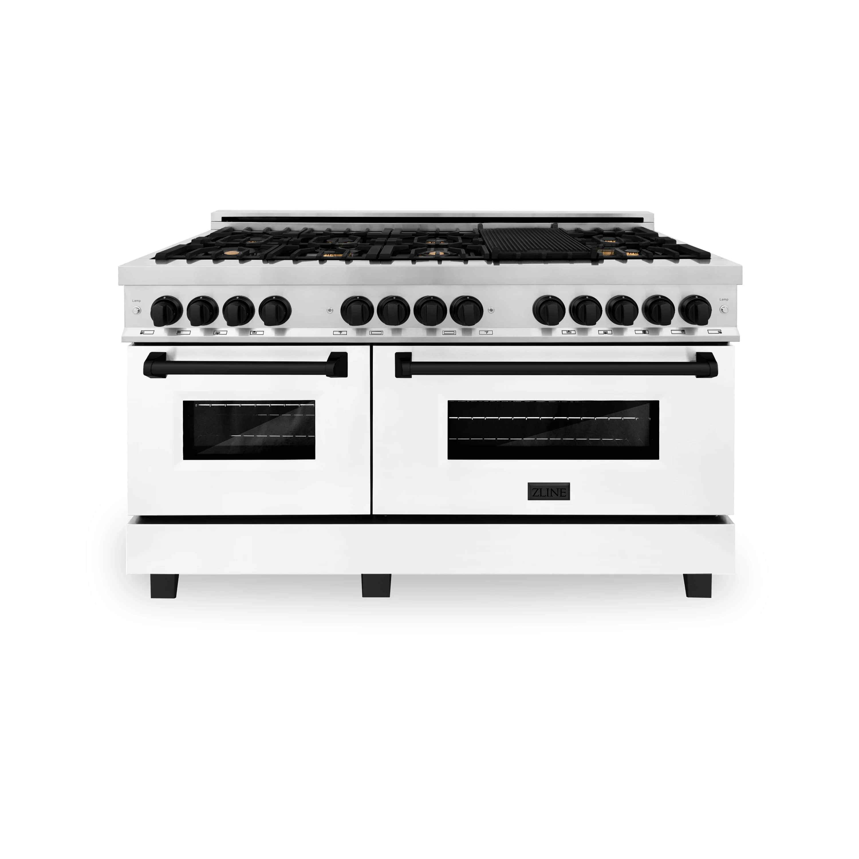 White dual fuel range with stainless control strip, black grates, and two door windows