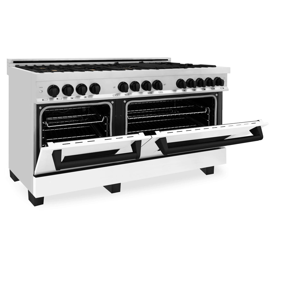 Stainless dual-fuel range with open white oven door and black control panel