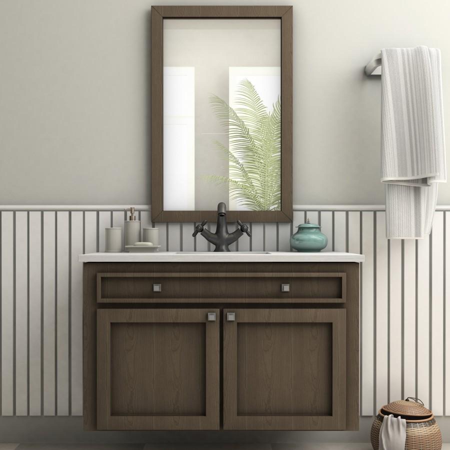 Oil-rubbed bronze faucet with cross handles on bathroom sink, mounted on vanity top