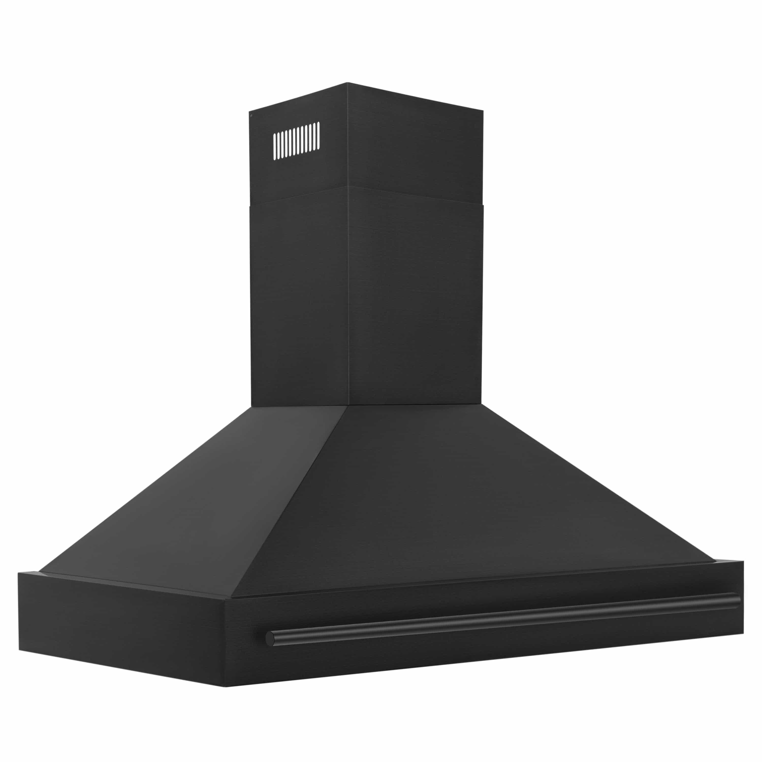Black wall mount range hood front view with chimney and wide flat canopy