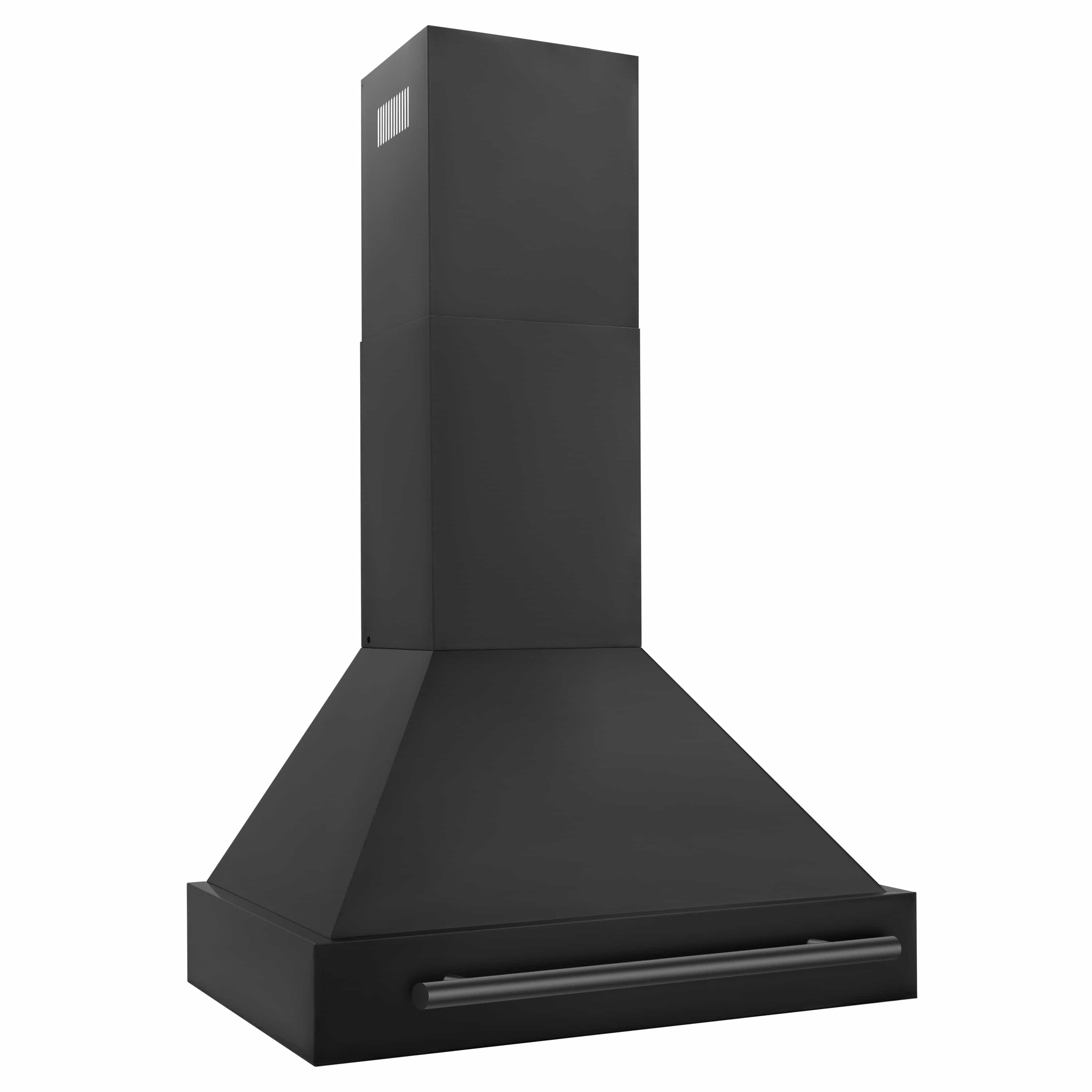 ZLINE black stainless wall mount range hood from rear three-quarter view
