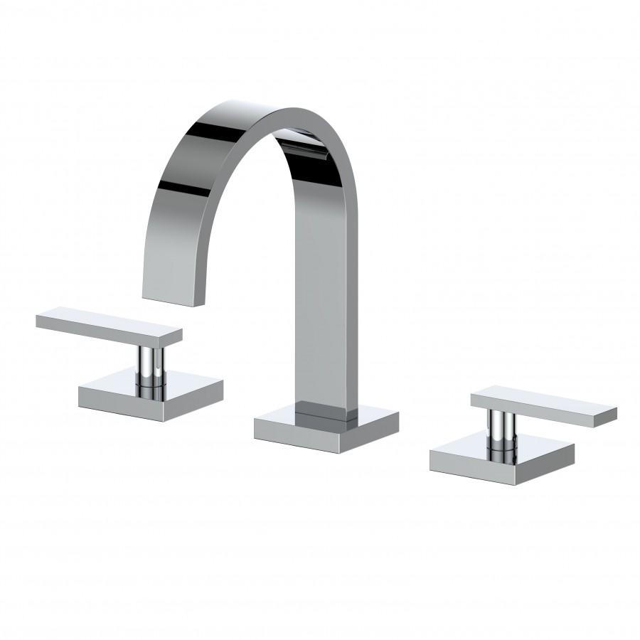 Chrome bath faucet with curved gooseneck spout and two lever handles