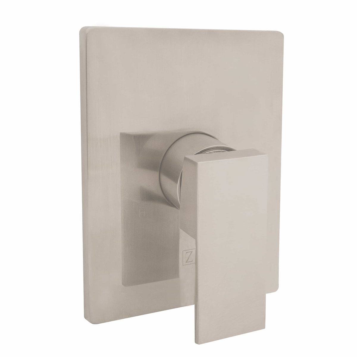 Brushed nickel shower faucet valve trim with single lever handle and square backplate