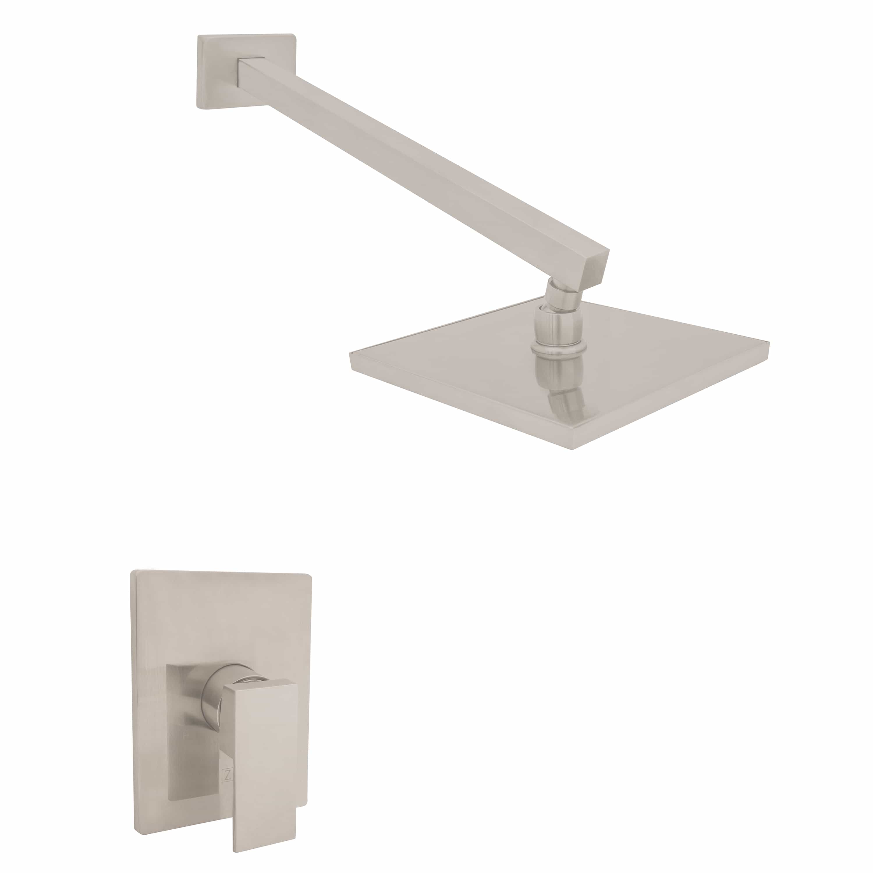 Brushed nickel shower arm with square wall trim plate and concealed valve handle