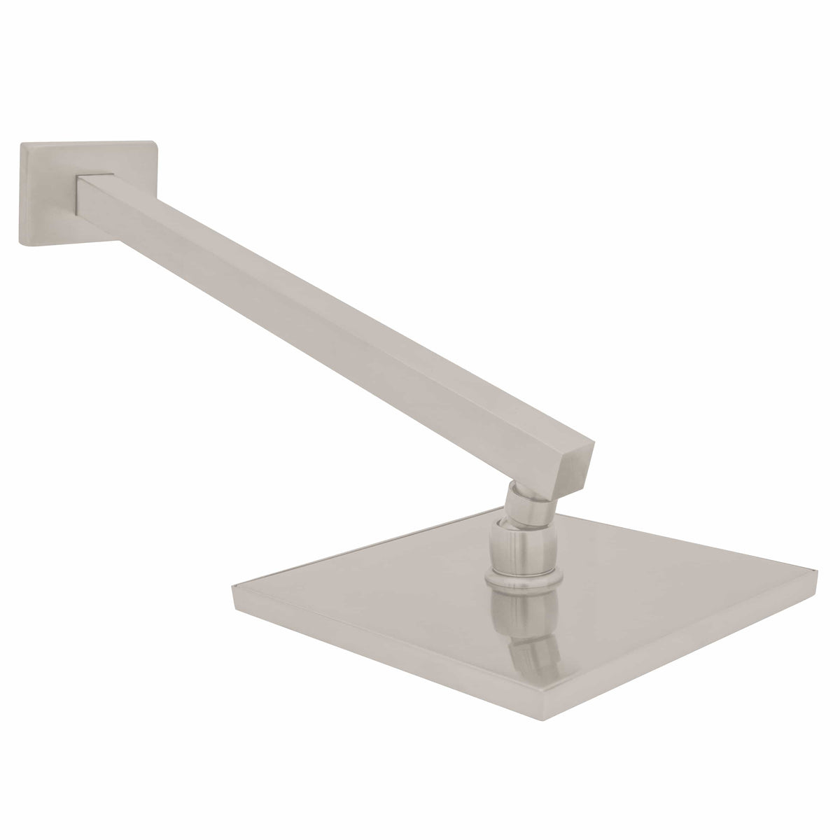 Brushed nickel shower faucet spout with flat square base and wall-mount arm