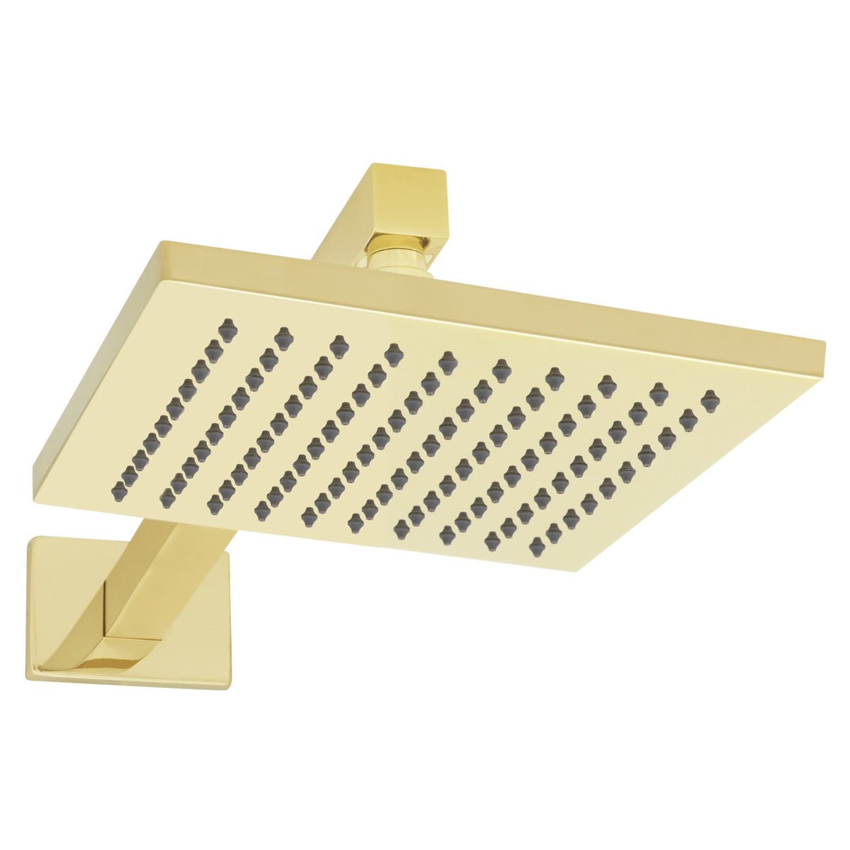 Polished gold rain shower head with wall-mounted arm and lever diverter
