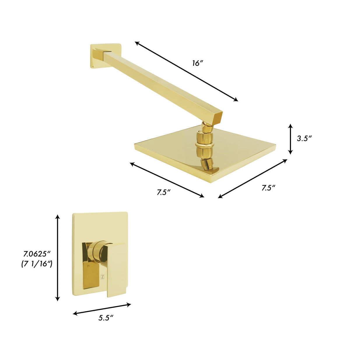 Polished gold shower faucet with rain head, wall lever, and size diagram