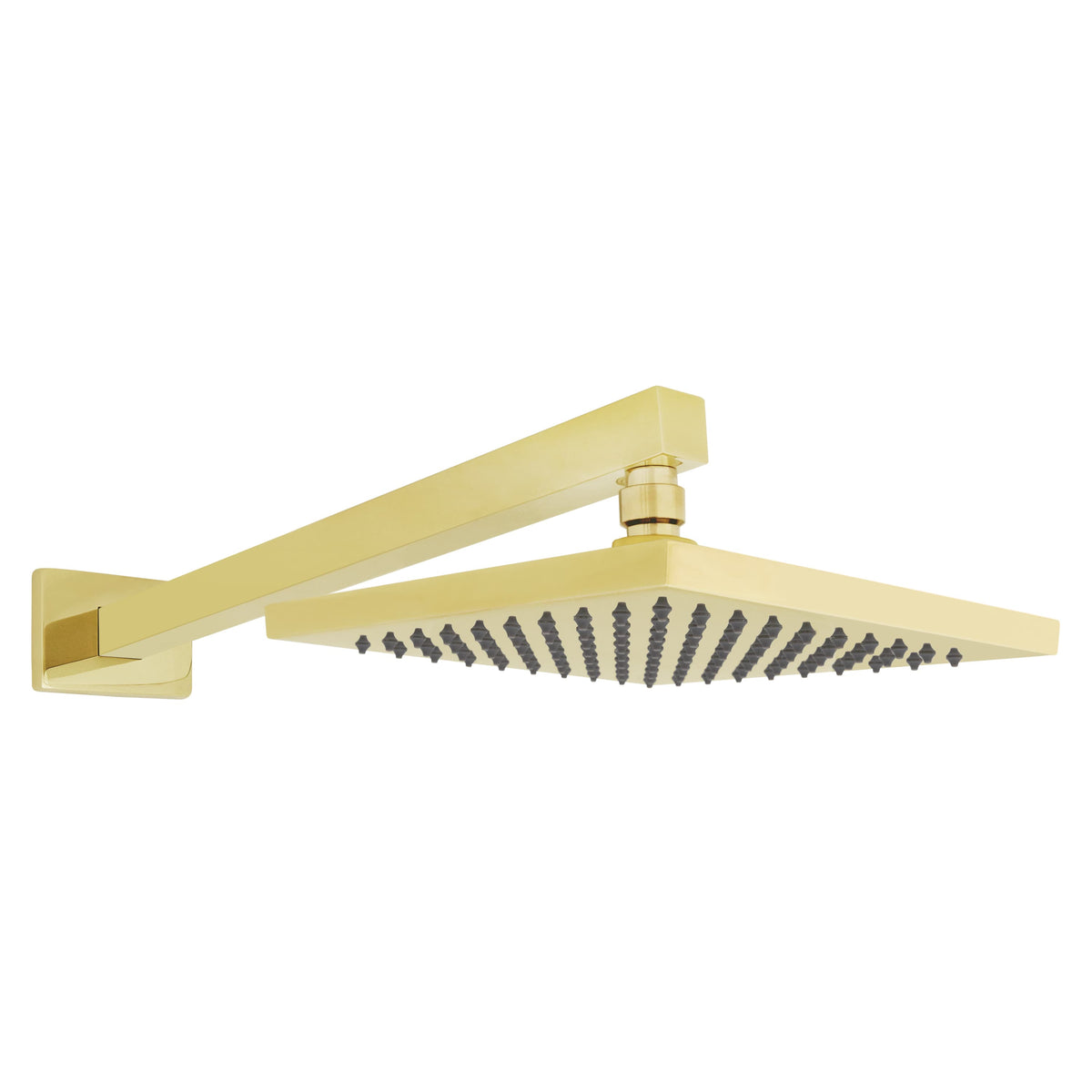 Polished gold shower faucet with wall arm, rain shower head, and lever handle
