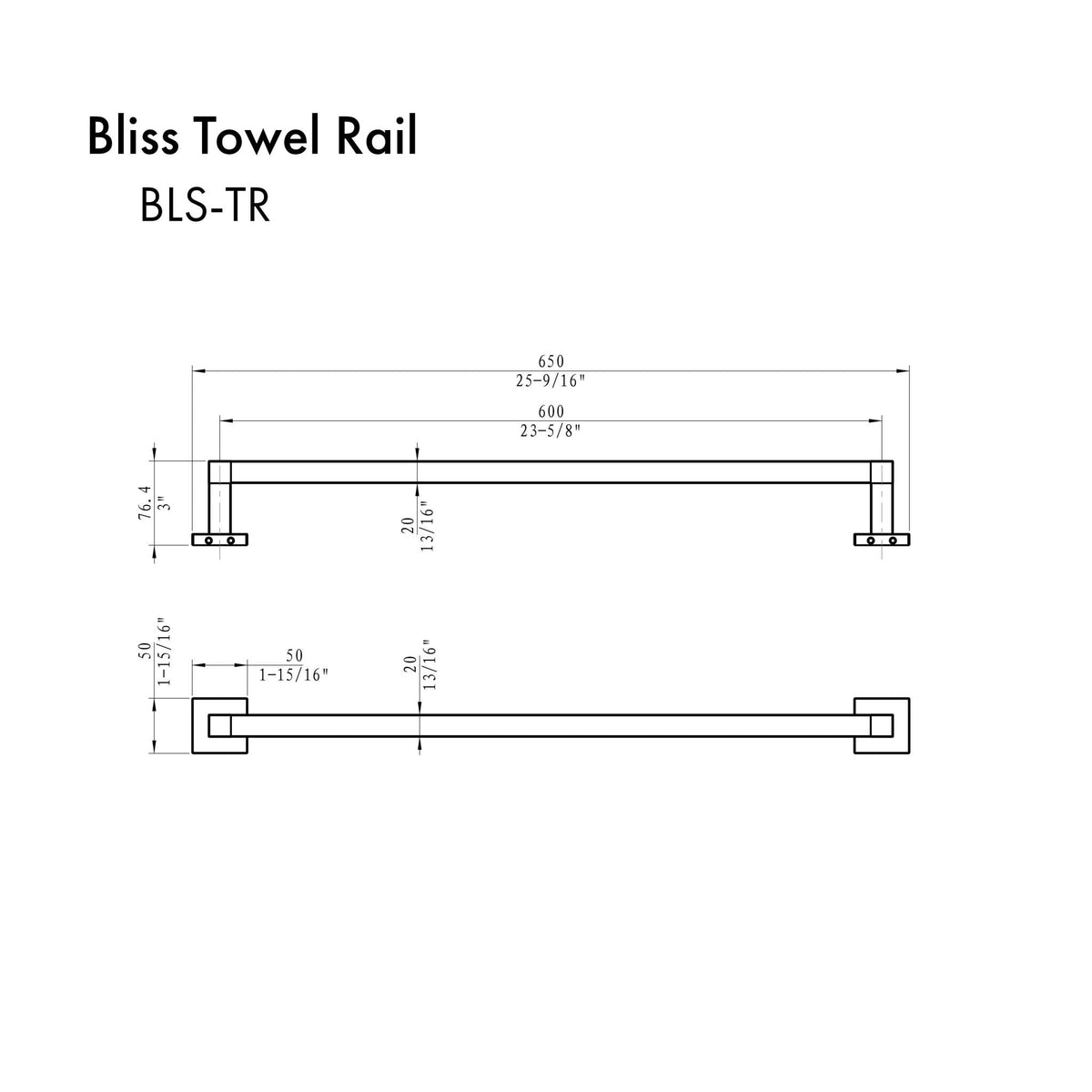 Brushed nickel towel rail technical diagram with mounting brackets and dimensions.