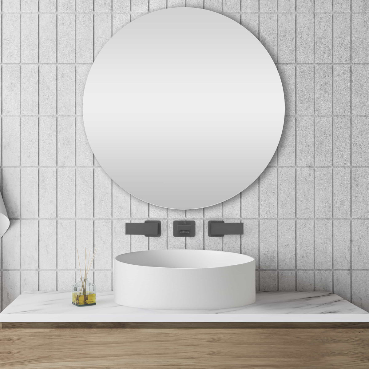 Gun metal wall-mount bath faucet set with long spout and three rectangular controls