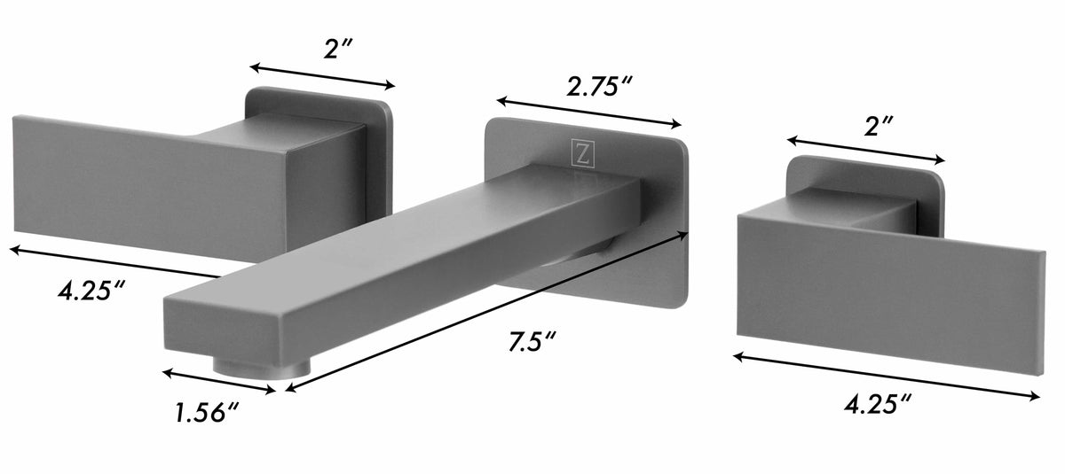 Gun metal wall-mount bath faucet dimensions diagram with long spout and side controls