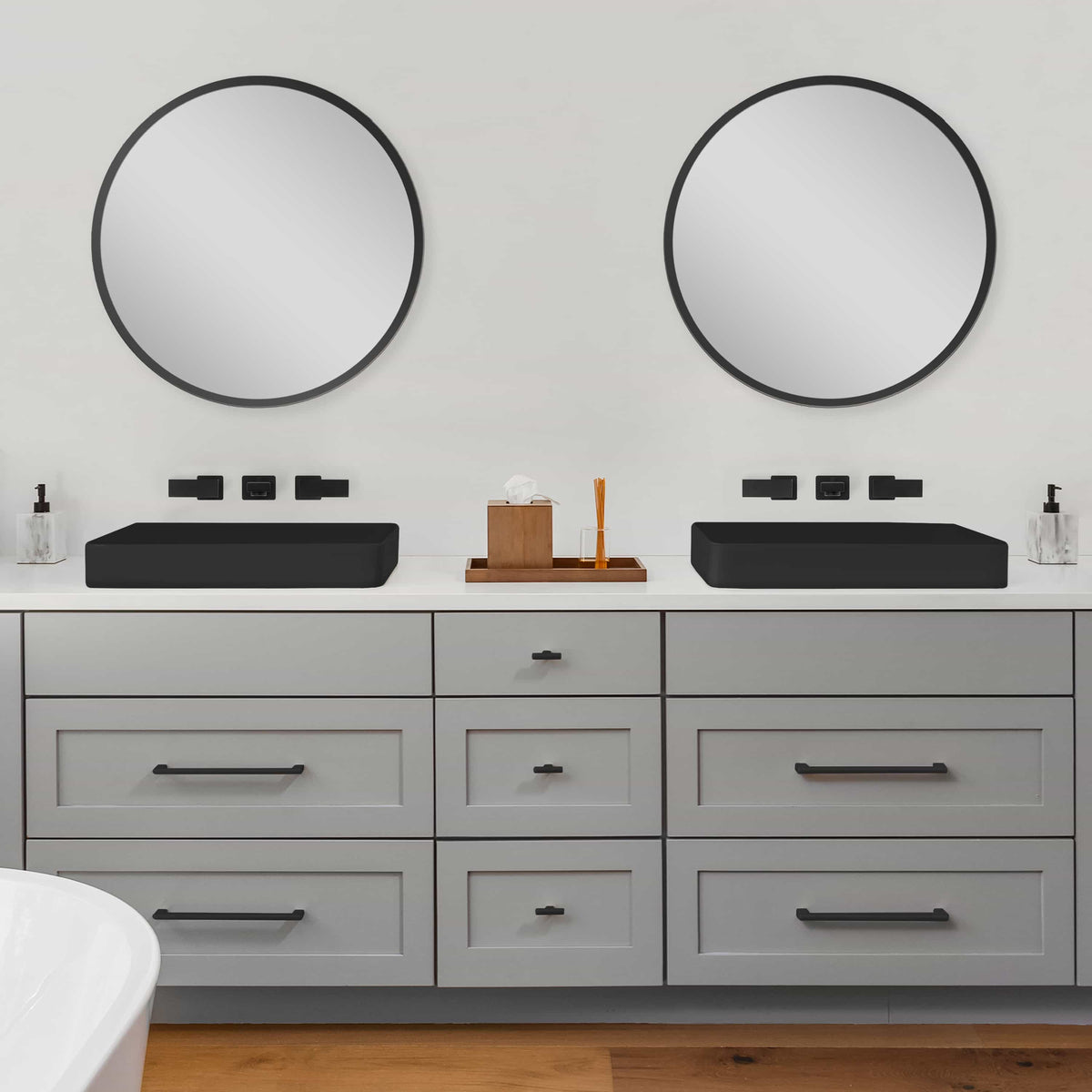 Matte black dual wall mount bath faucets with two spouts and controls